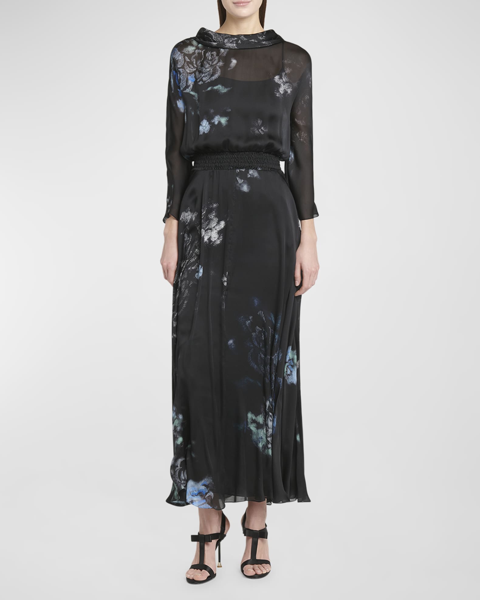 Giorgio Armani Floral Print Silk Gown with Smocked Waist - Solid Black