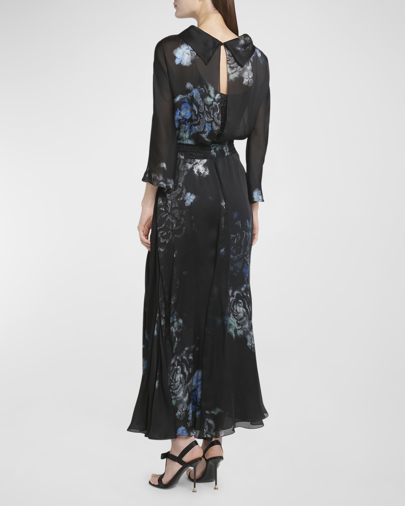 Floral Print Silk Gown with Smocked Waist