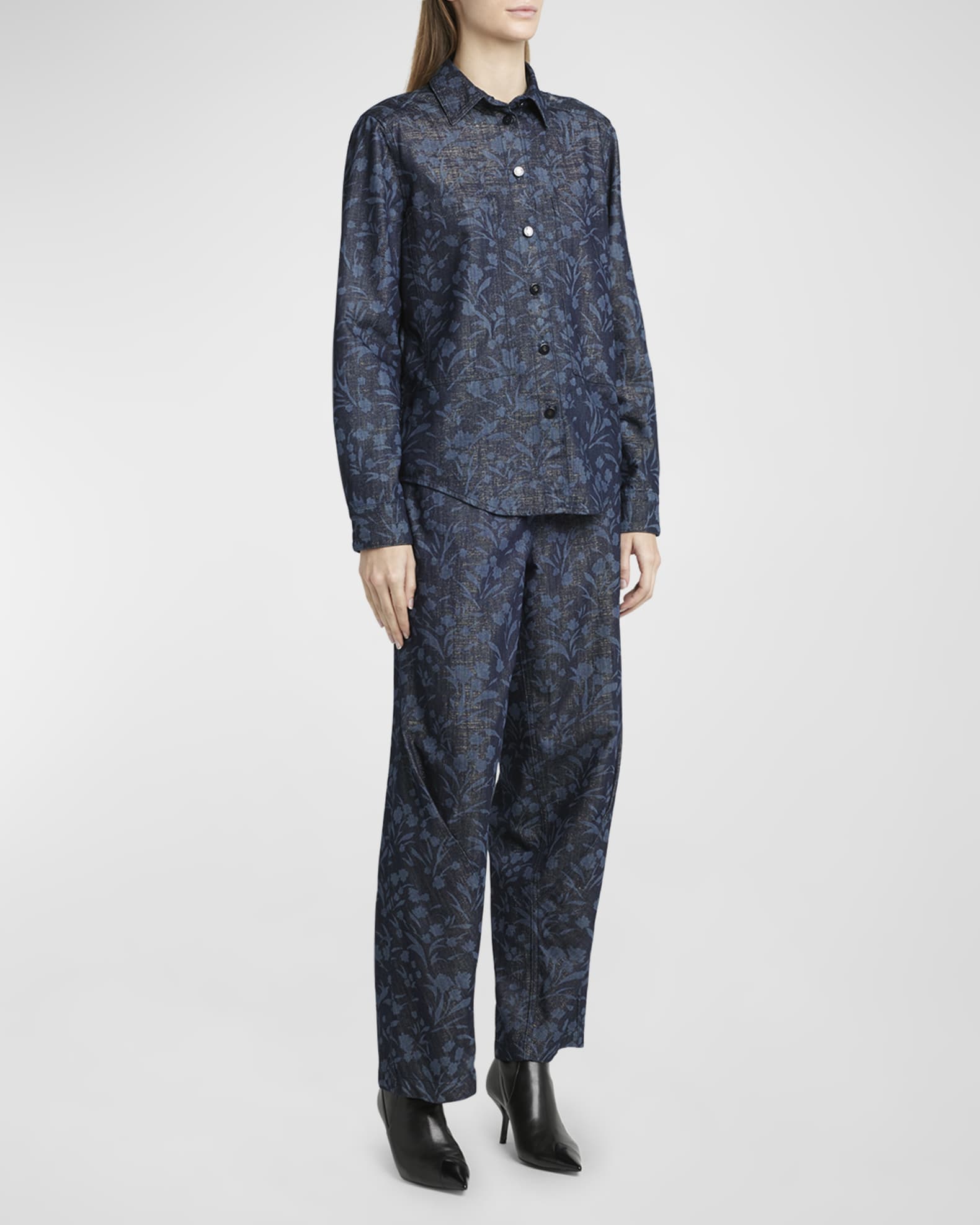Shiny Denim Floral Print Button-Front Shirt  1
