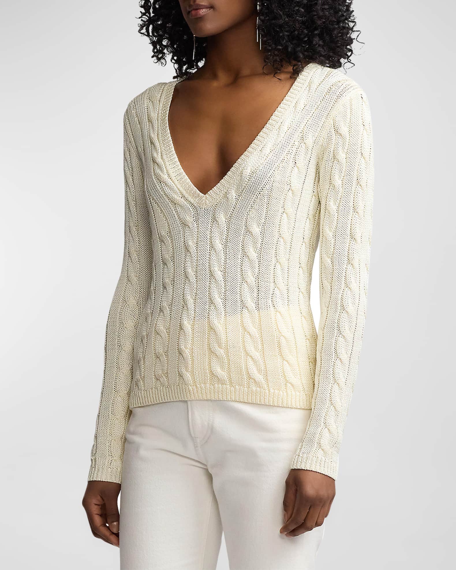 V Neck Silk Cable Knit Sweater