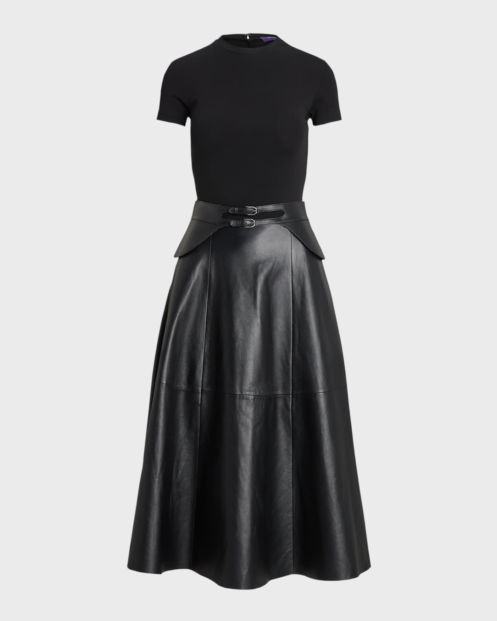 Ralph Lauren Collection Mixed-Media Leather Knit Short-Sleeve Midi Dress