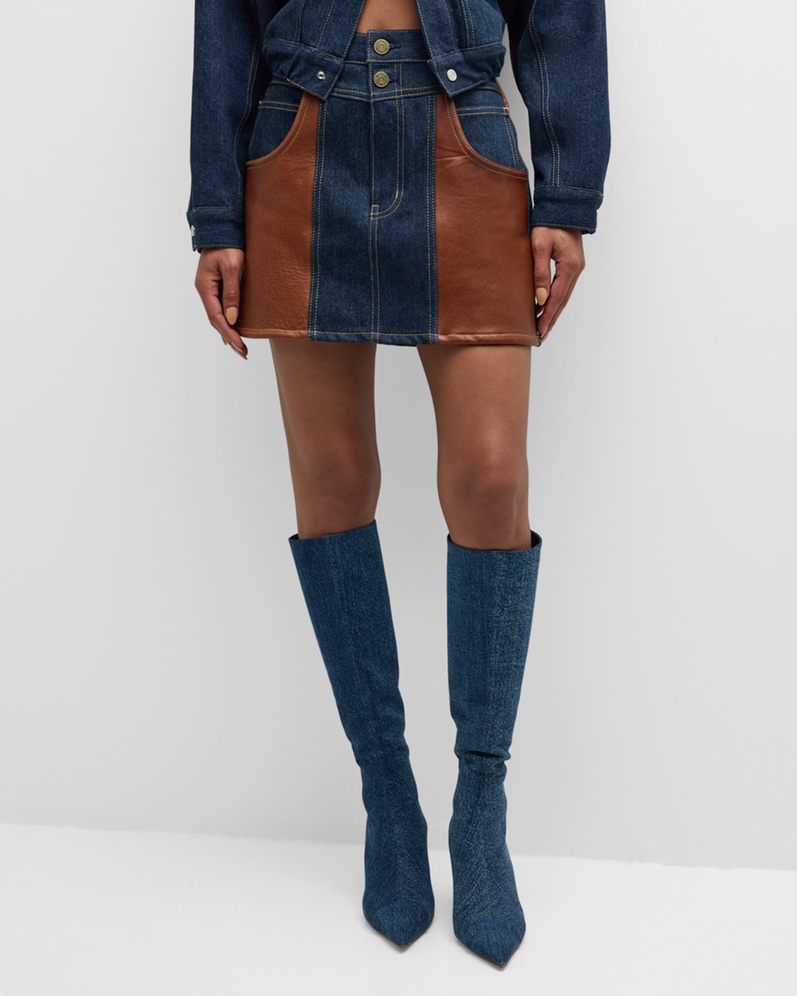 FRAME Atelier Denim and Leather Mini Skirt Neiman Marcus