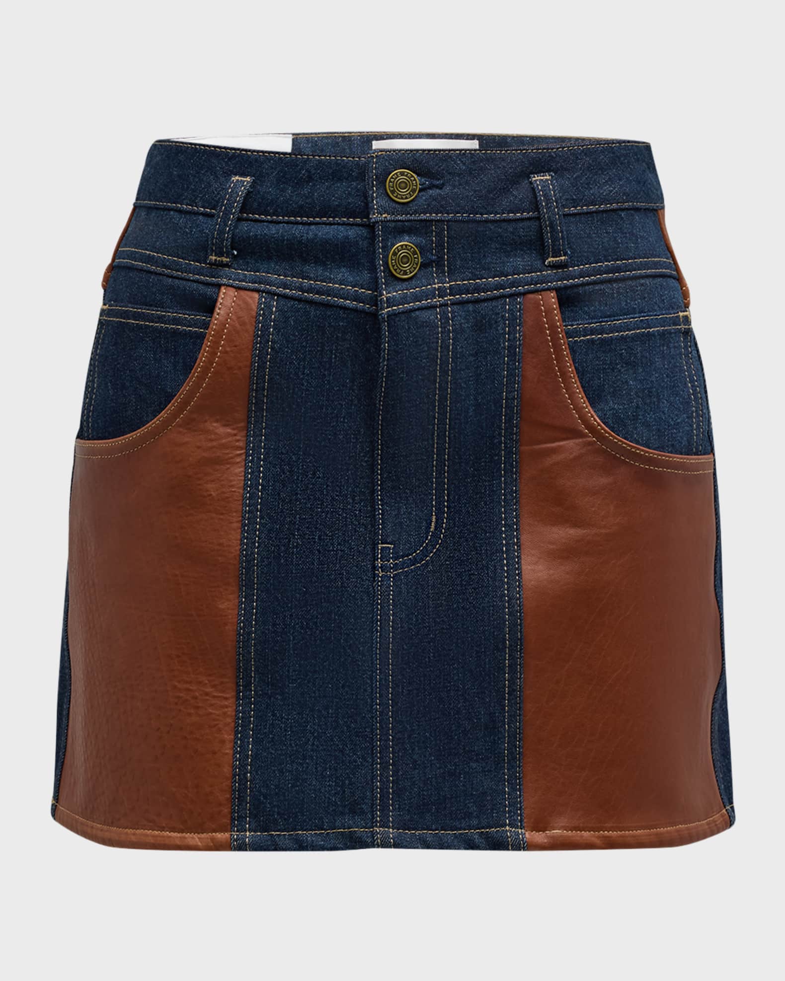 FRAME Atelier Denim and Leather Mini Skirt Neiman Marcus