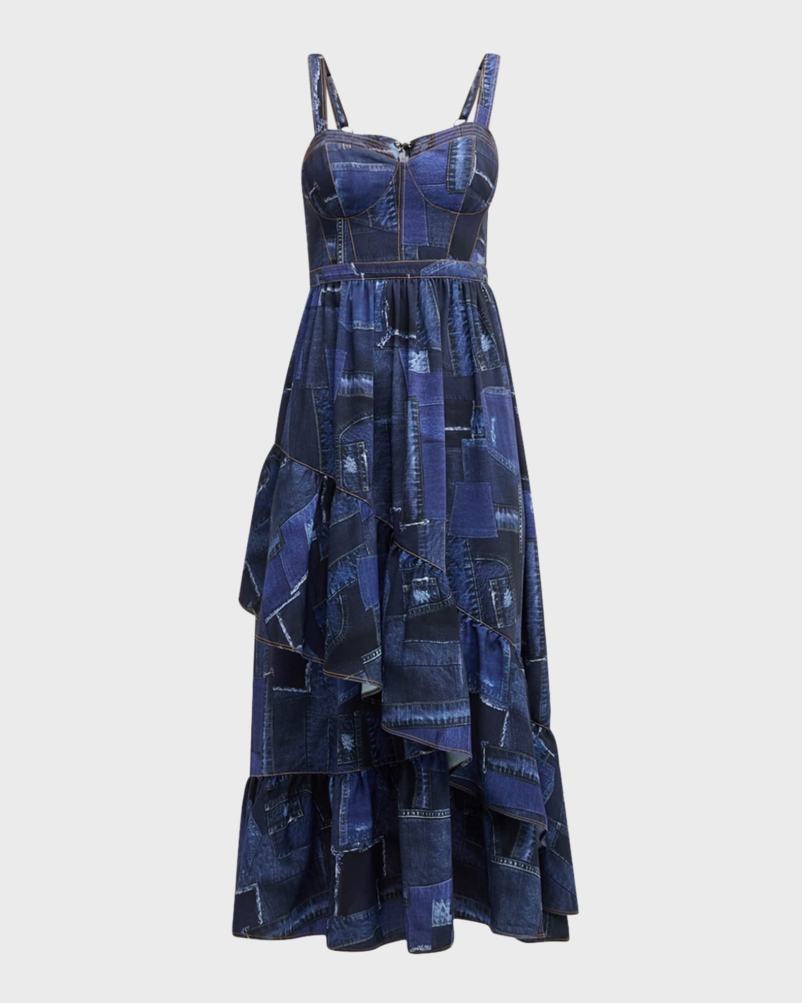 Cinq a Sept Jordyn Patchwork Denim Tiered Ruffle Bustier Midi Dress