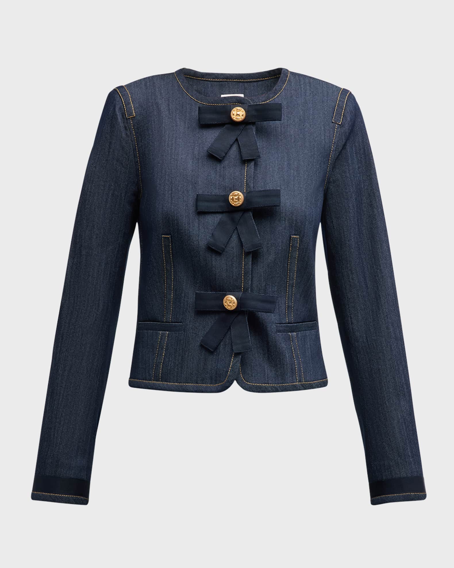 Cinq a Sept Taya Bow-Embellished Topstitched Denim Crop Jacket