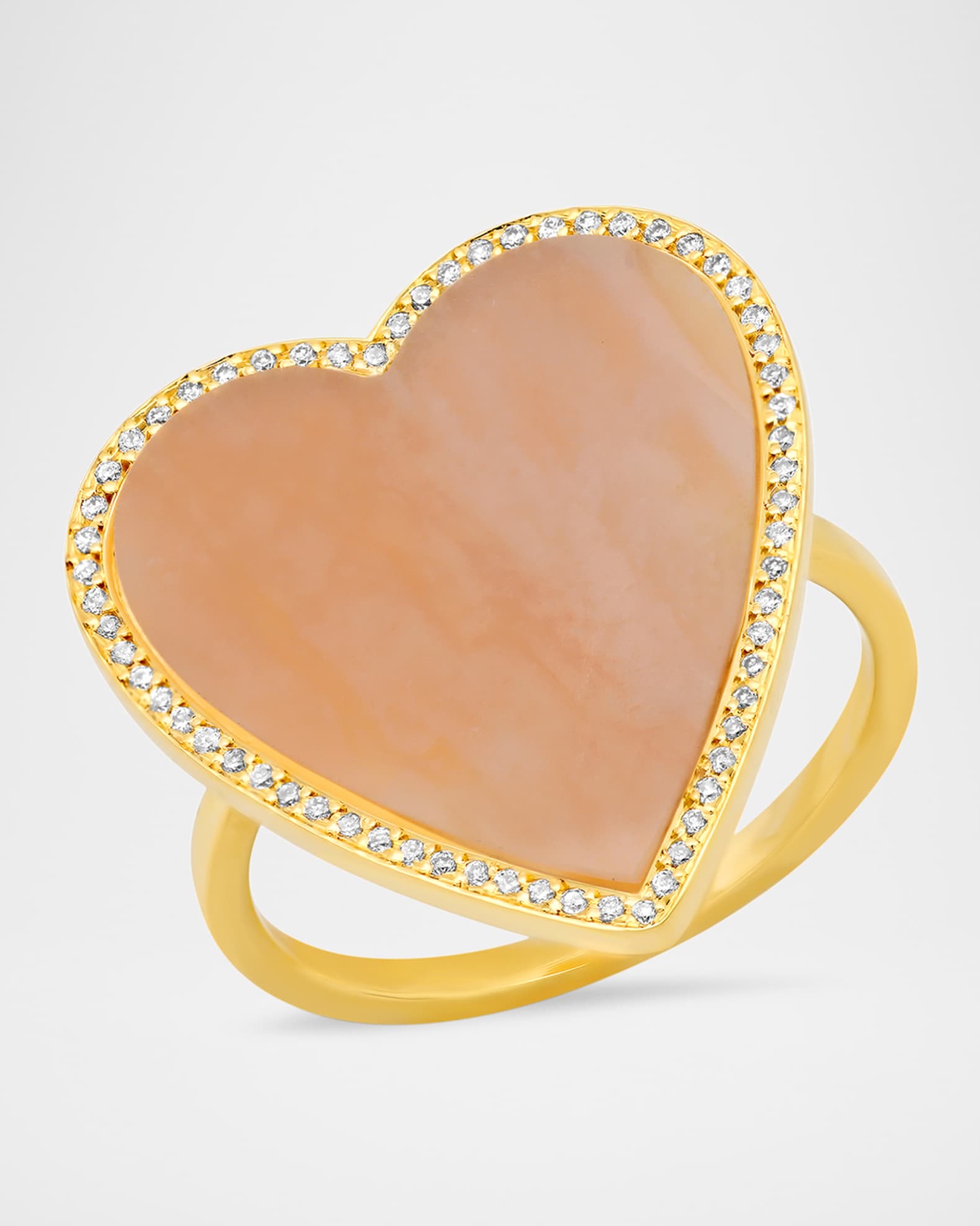 18K Yellow Gold Large Inlay Heart Ring with Pink Opal and Diamonds, Size 6.5 1