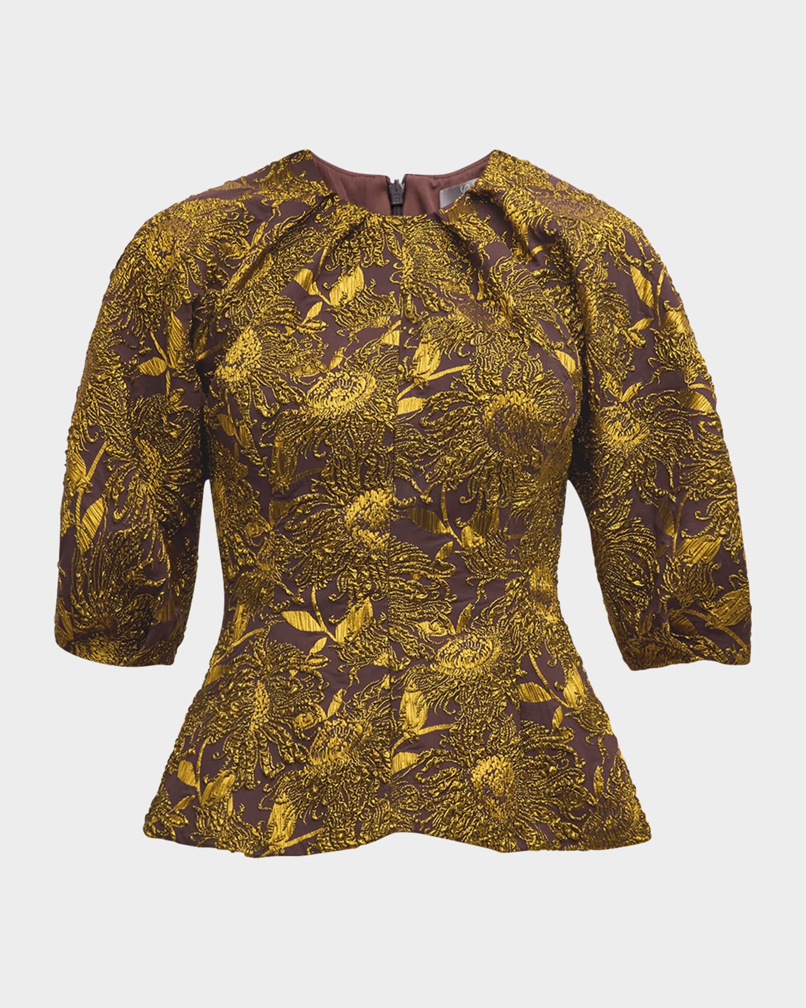 Metallic Brocade Puff Sleeve Peplum Top