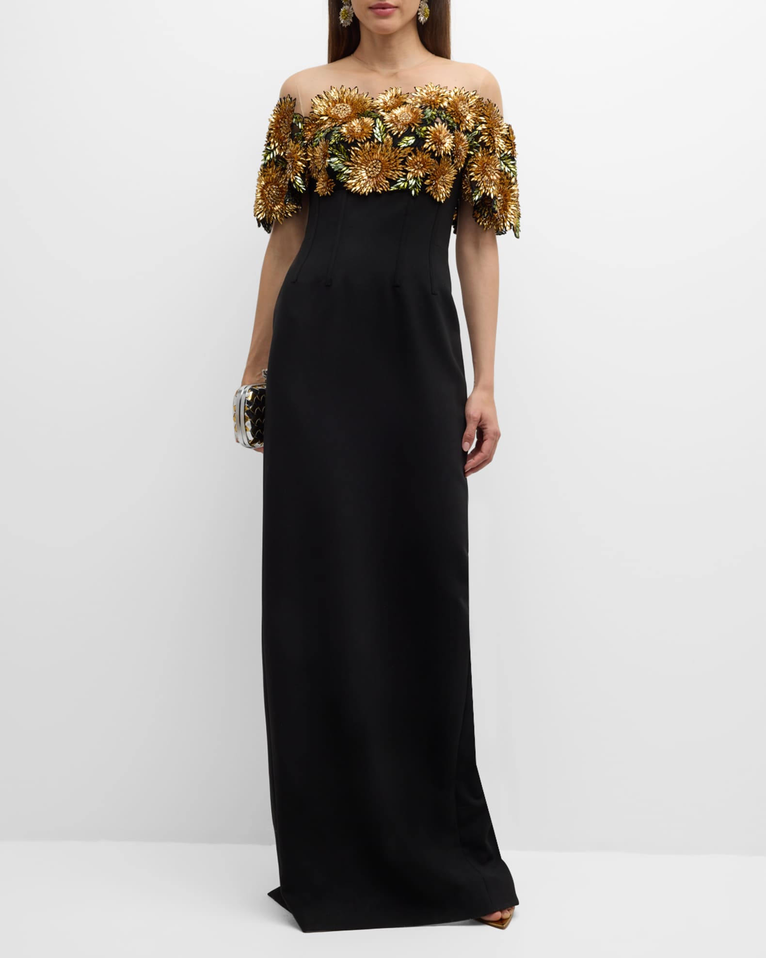 Crystal Bodice Off The Shoulder Illusion Column Gown