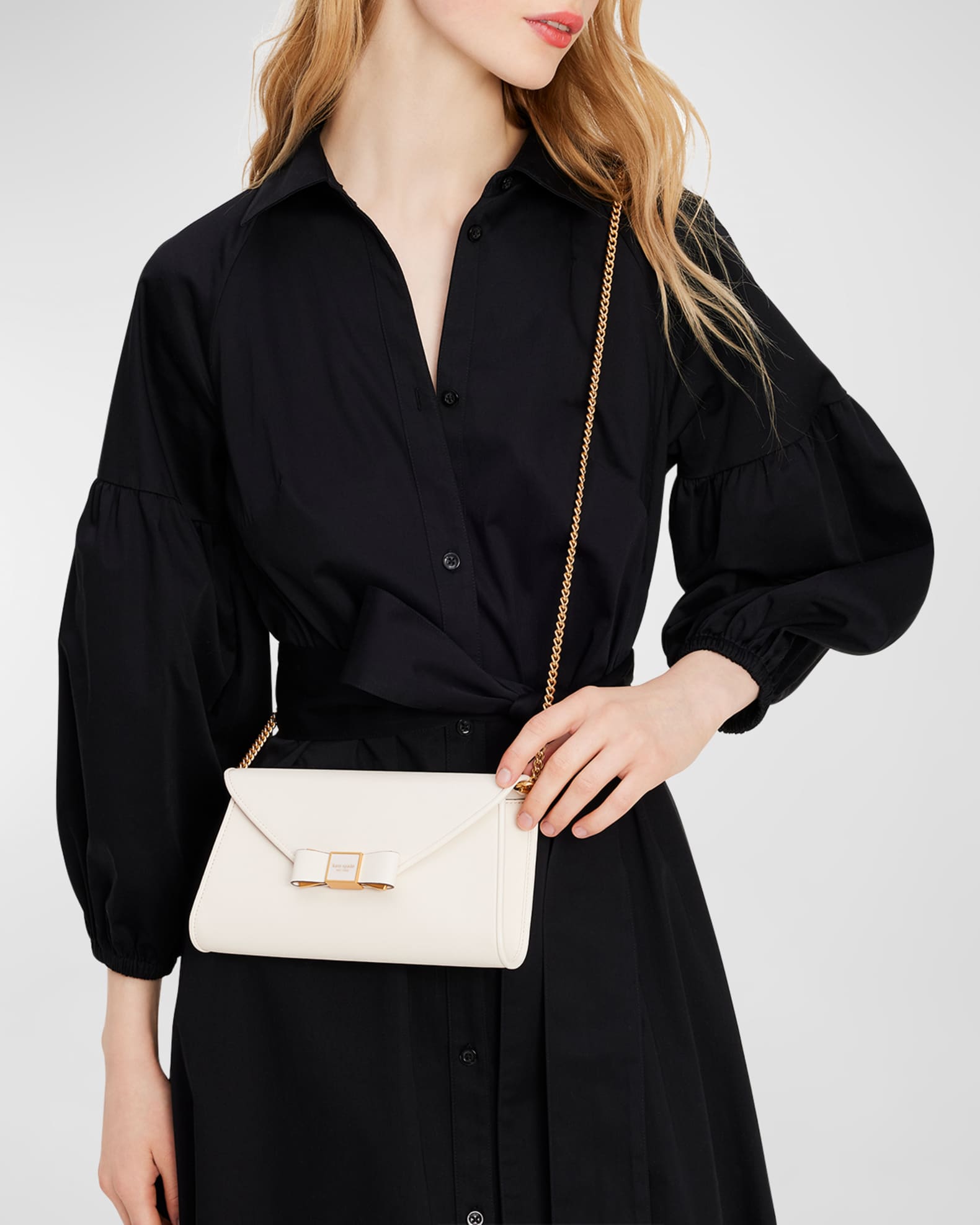 Kate Spade New York Morgan Bow Embellished Saffiano Leather Envelope Flap Small Crossbody Parchment
