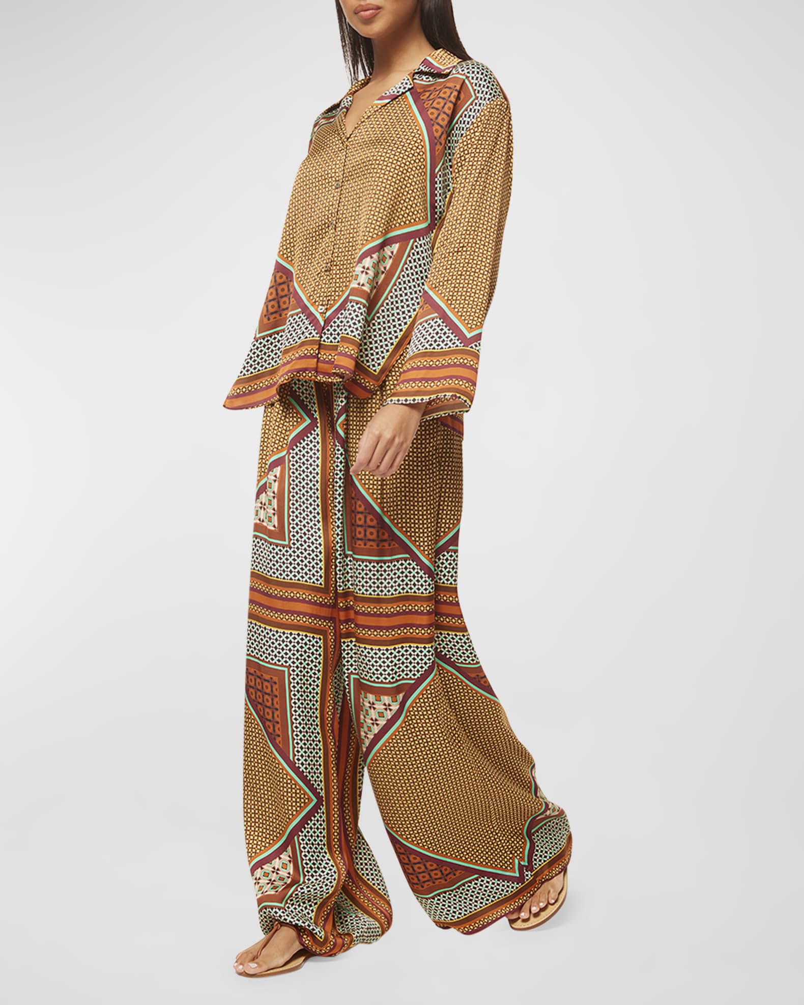 Aztec Print Flared Palazzo with Lime Yellow Flounce Blouse