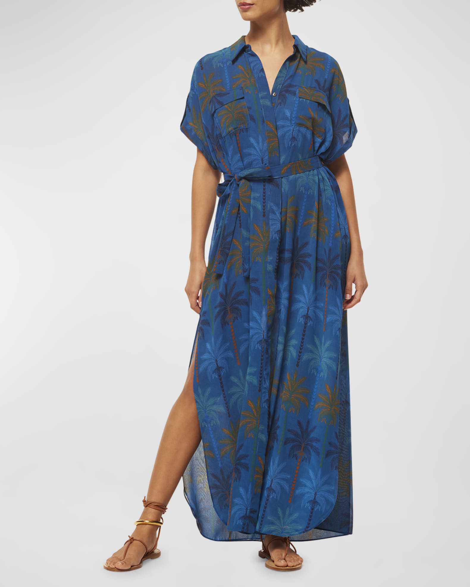 Lou Belted Palm Print Chiffon Maxi Shirtdress