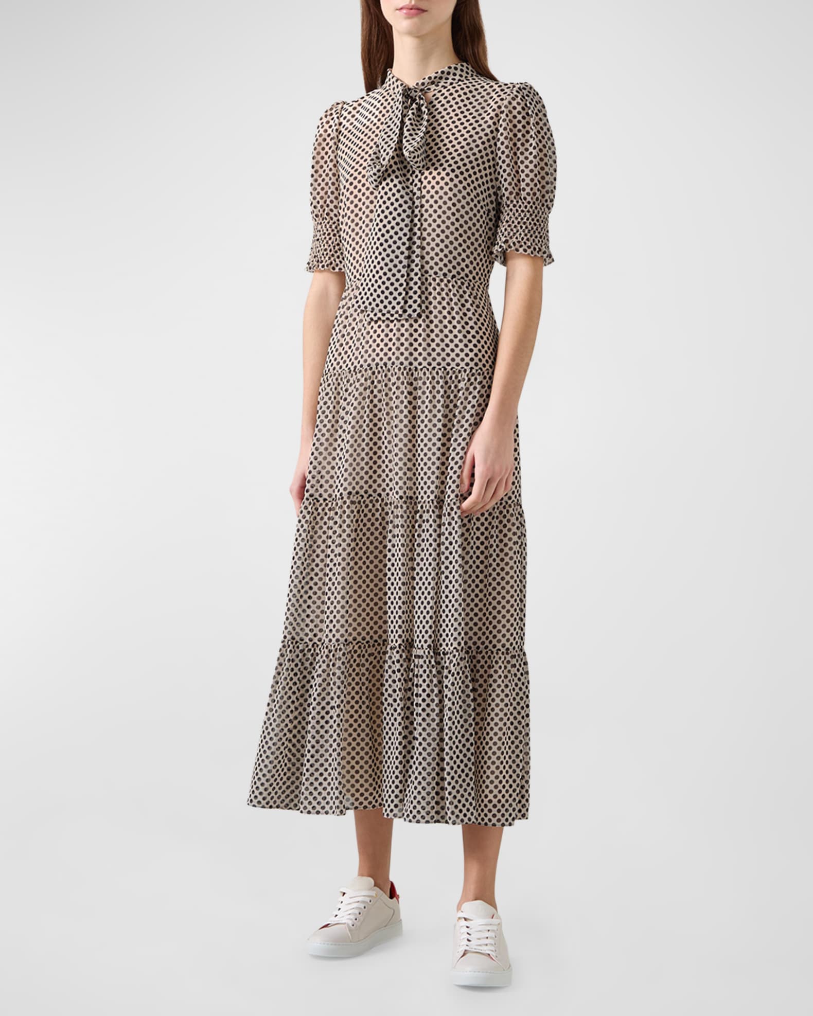 LK Bennett Coco Tiered Polka Dot Midi Dress | Neiman Marcus