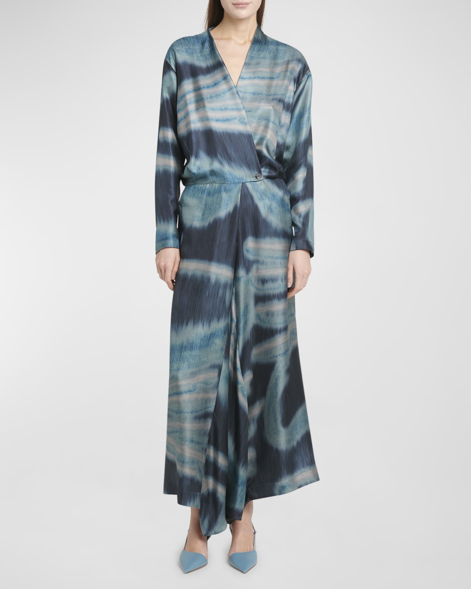 Abstract-Print Silk Long-Sleeve Maxi Wrap Dress 1