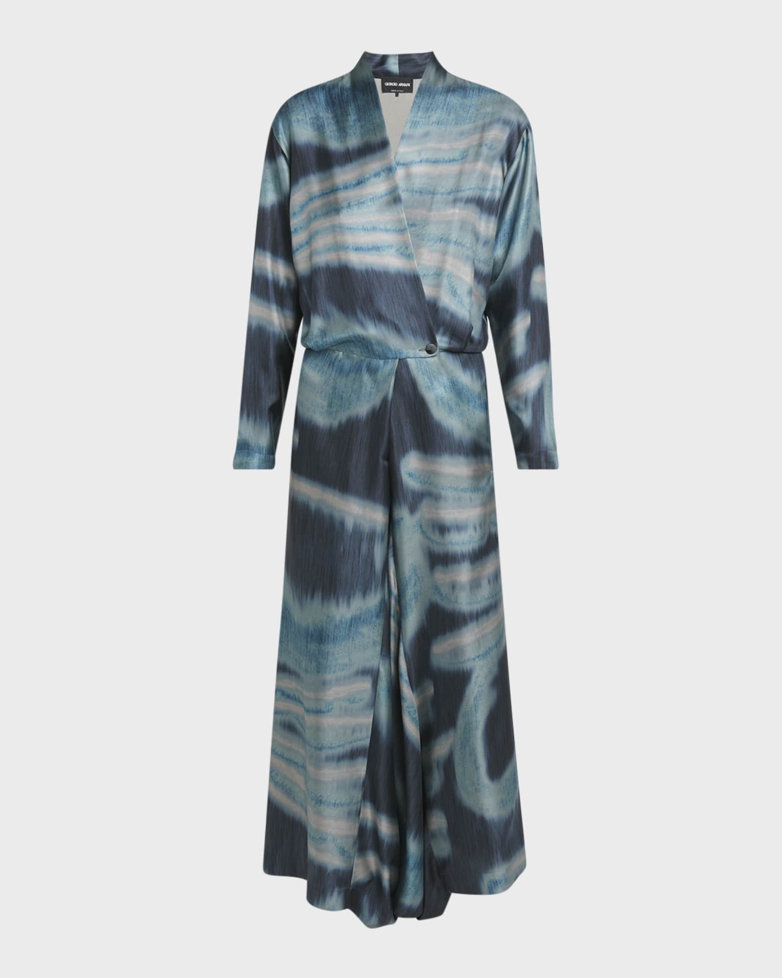 Abstract-Print Silk Long-Sleeve Maxi Wrap Dress 0
