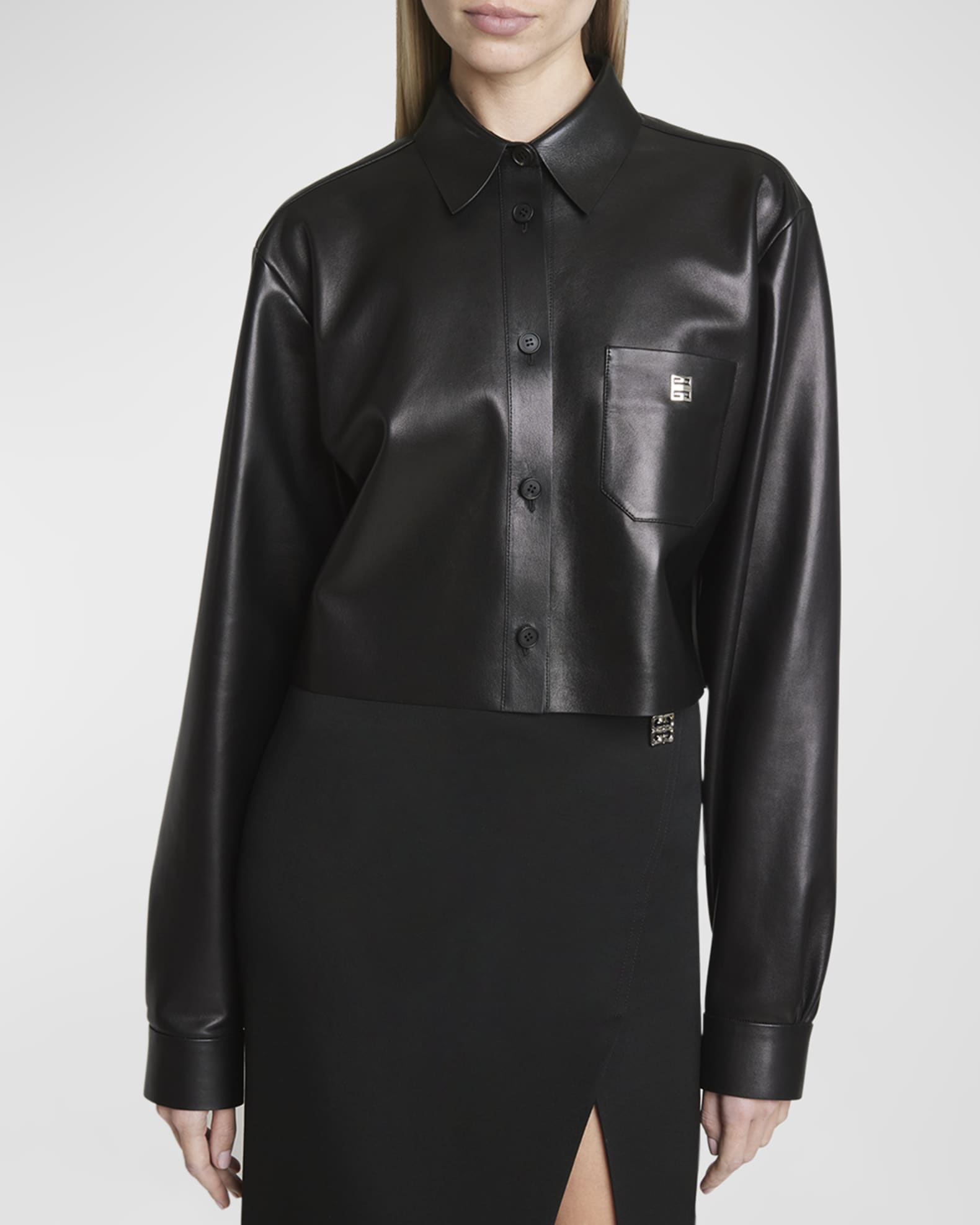 Damen Kunstleder Hemd - Kurzarm Crop Shirt Mit Knopfleiste Und Tasche