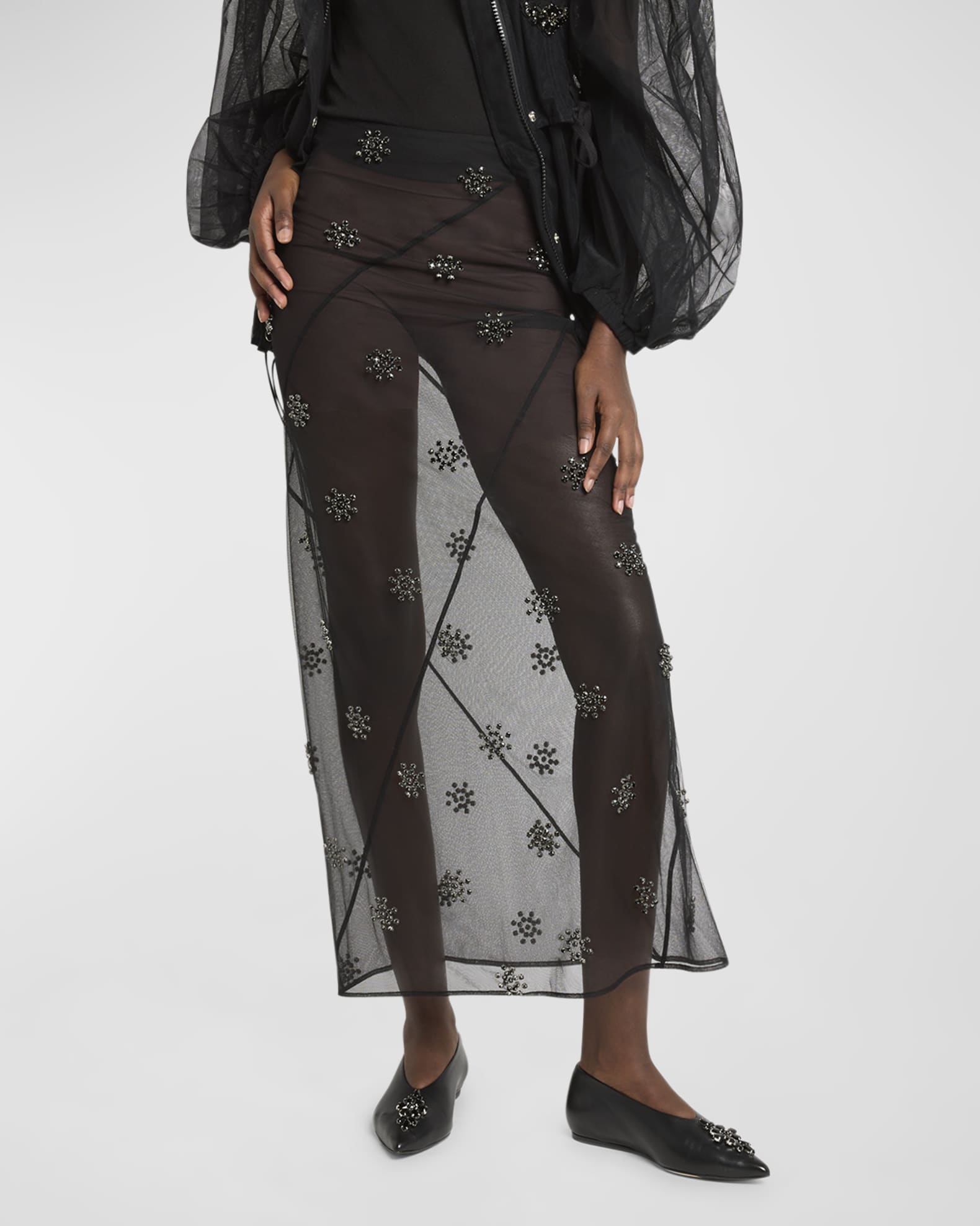Simone Rocha Sheer Spiral Midi Skirt with Beaded Embellishments ...