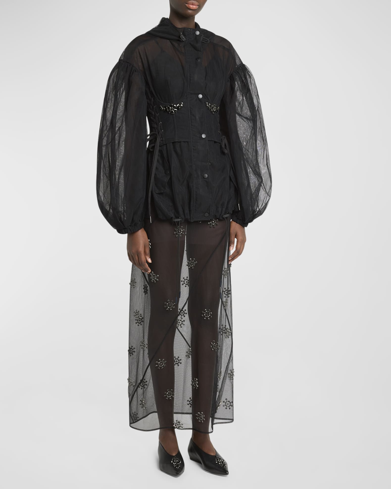 Simone Rocha Puff-Sleeve Parka Jacket with Embellished Corset 