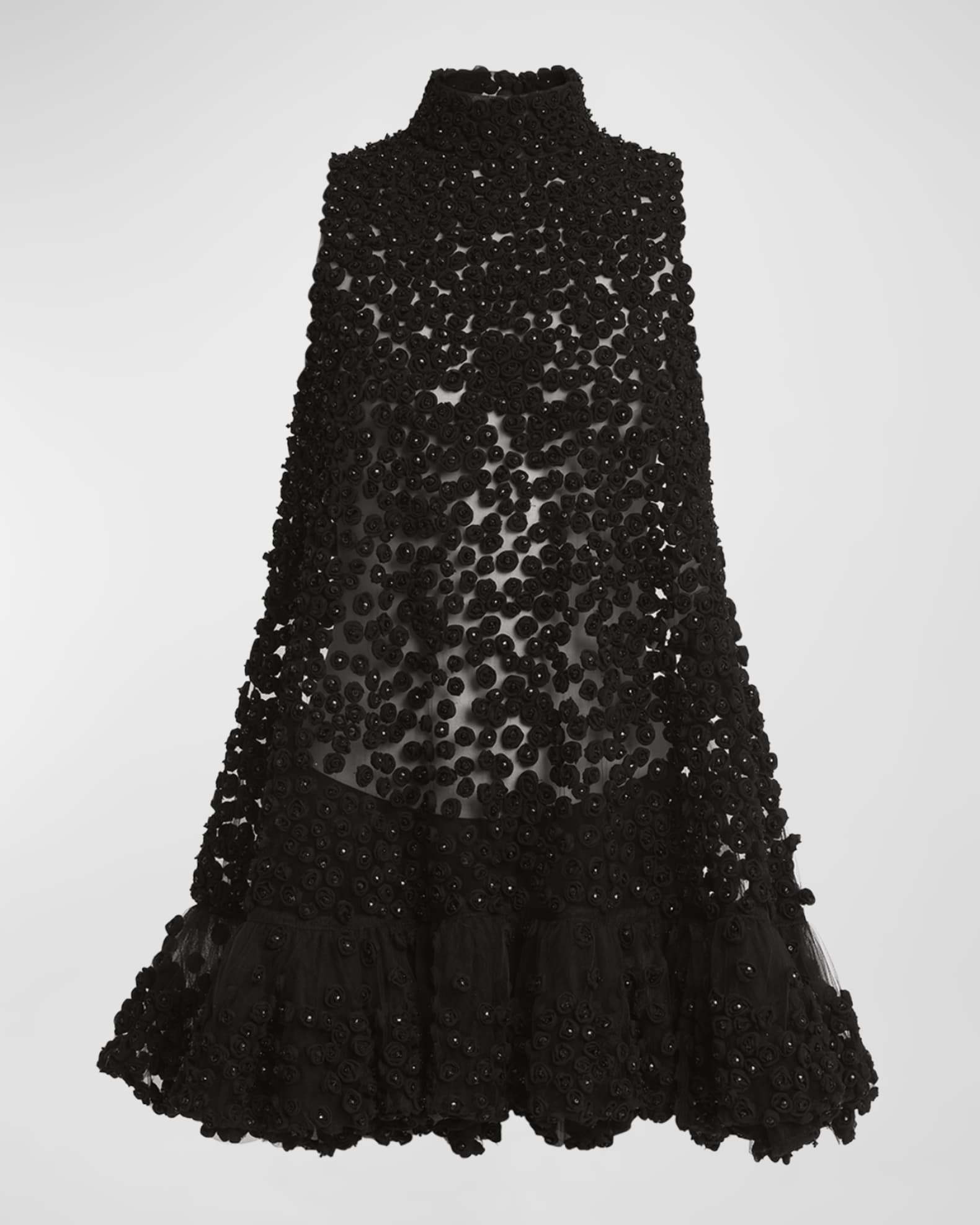 High-Neck Rosette Embroidered Sheer Tulle Mini Dress 0