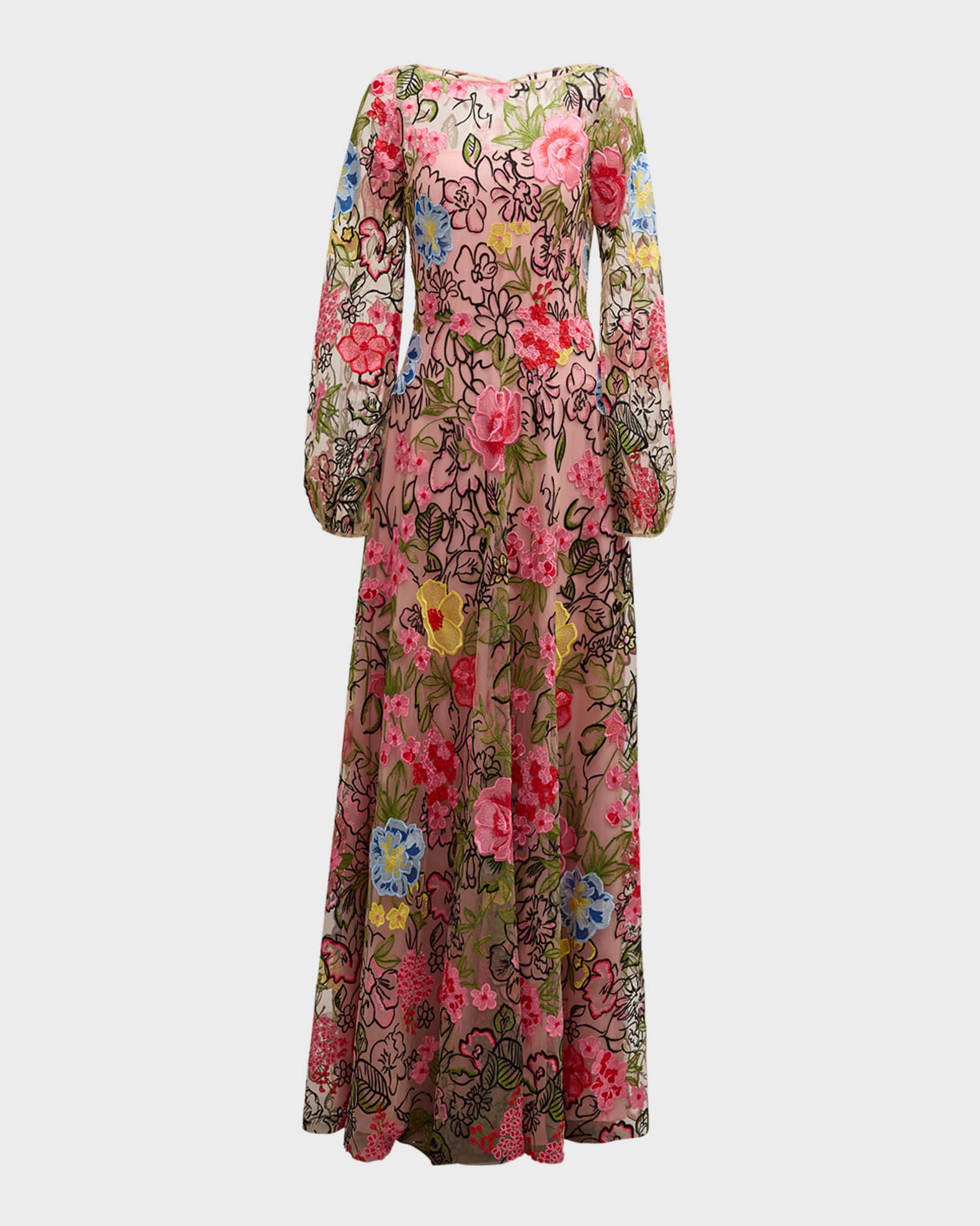 Naeem Khan Floral Embroidered Long-Sleeve Gown