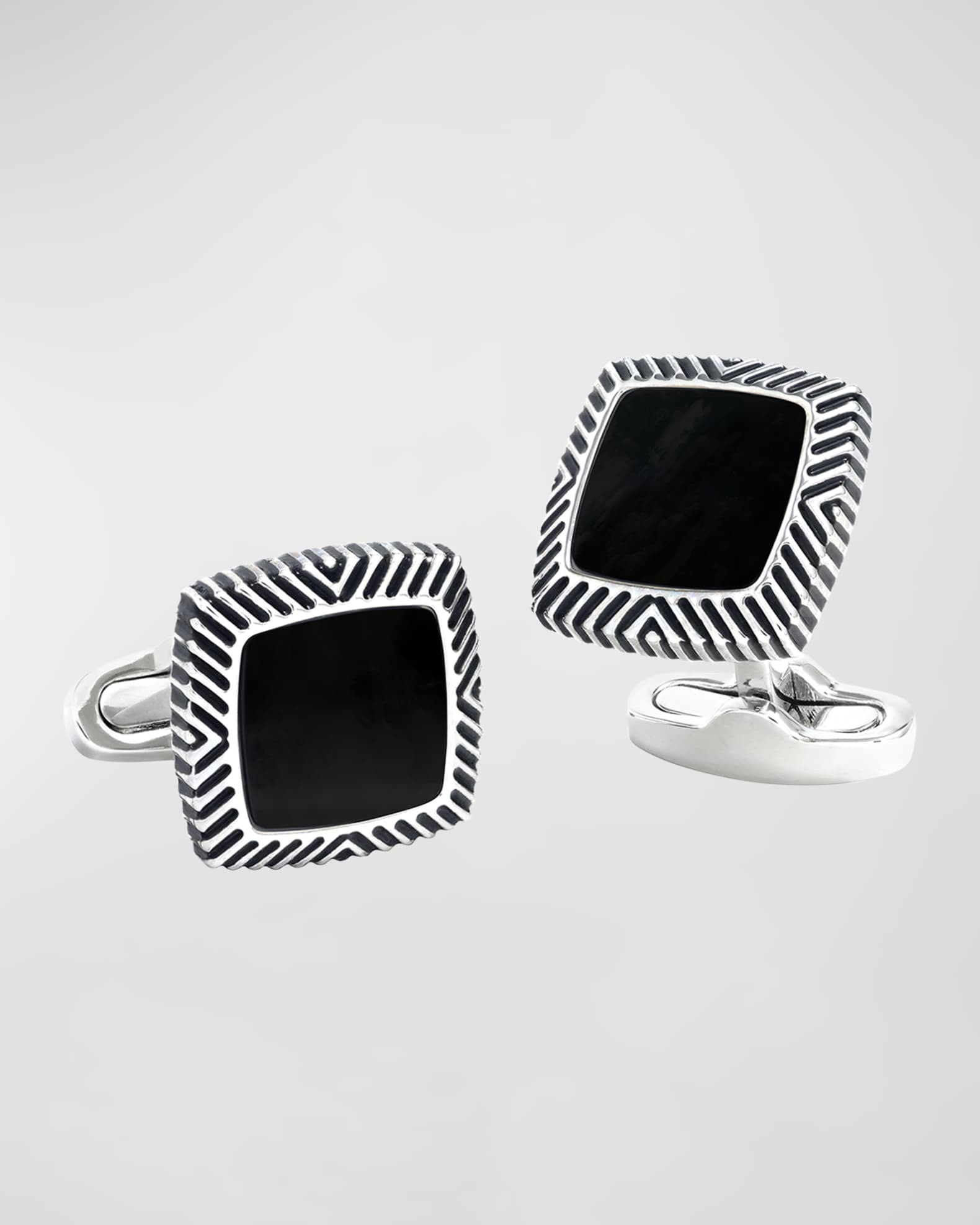 Men's Square Black Onyx Wavy-Frame Cufflinks 0