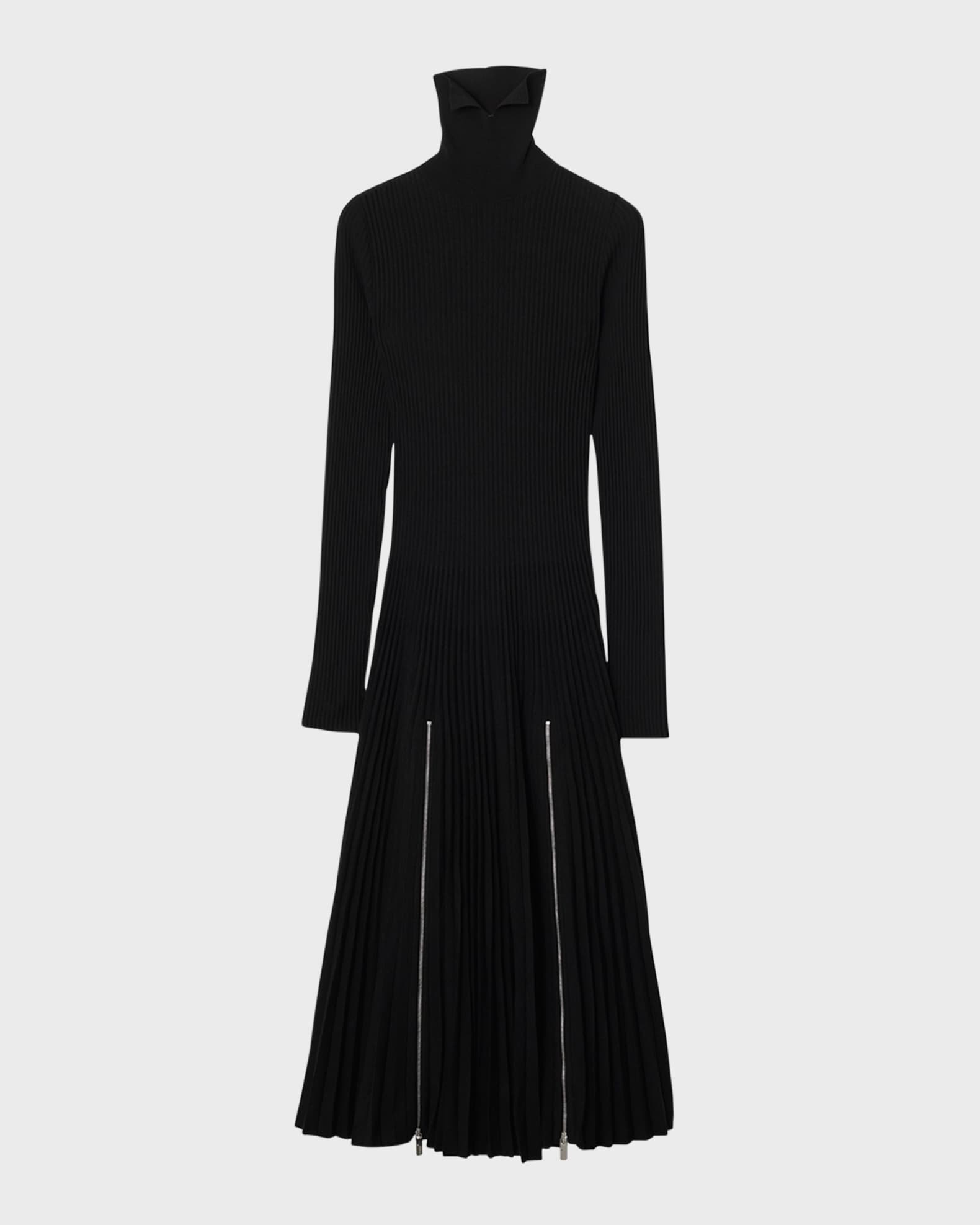 Turtleneck Pleated Rib Zipper Midi Dress