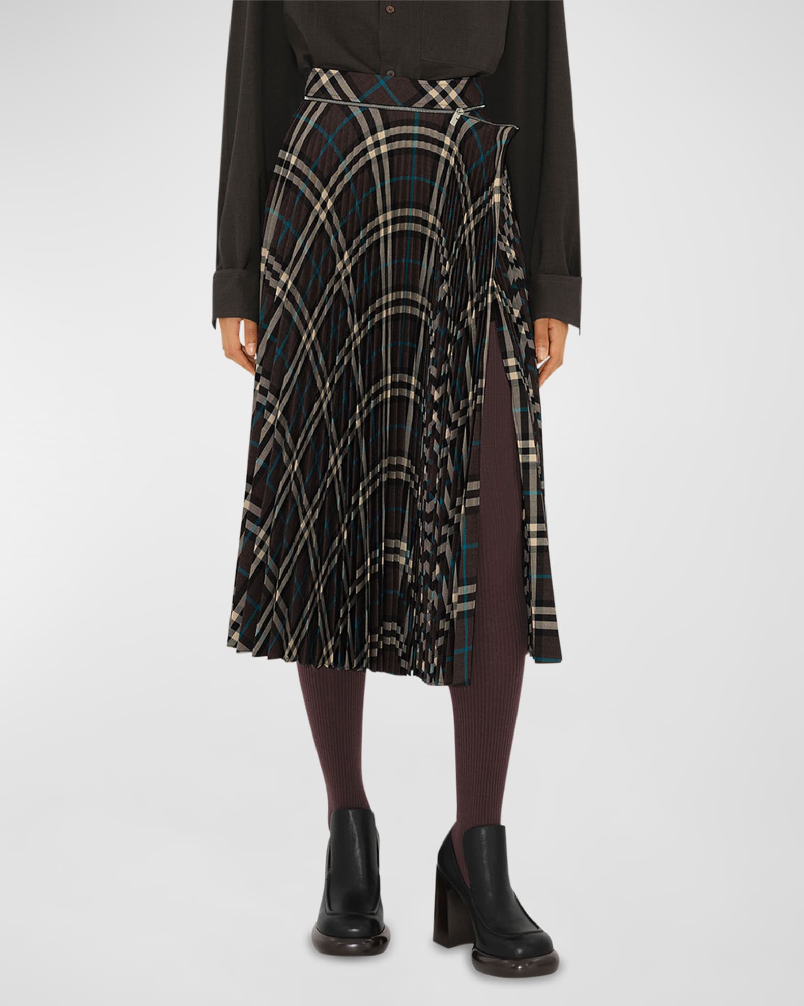 Pleated Check Midi Skirt with Slit 1