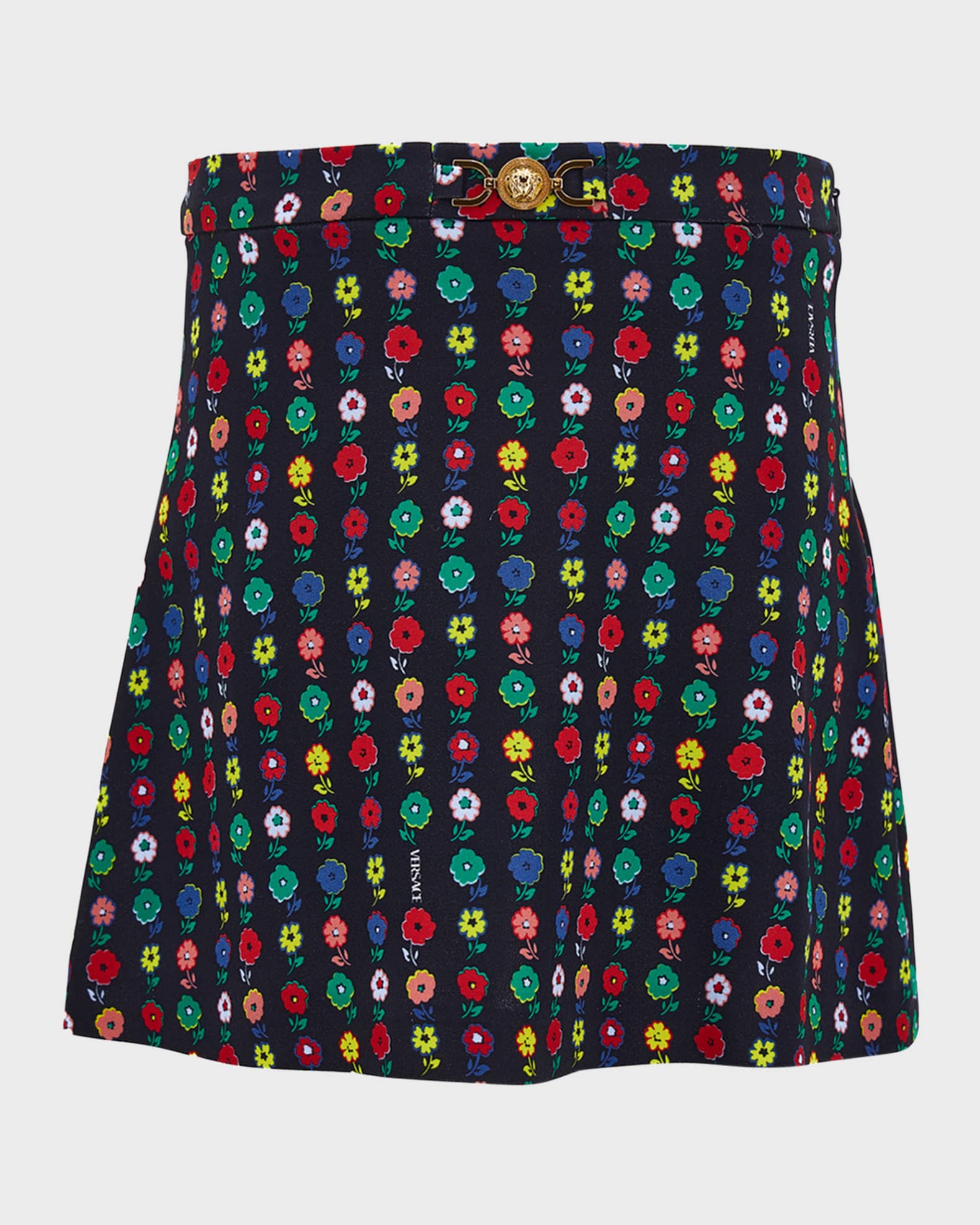 Girl's Falling Flowers-Print Skirt W/ Medusa Buckle 1