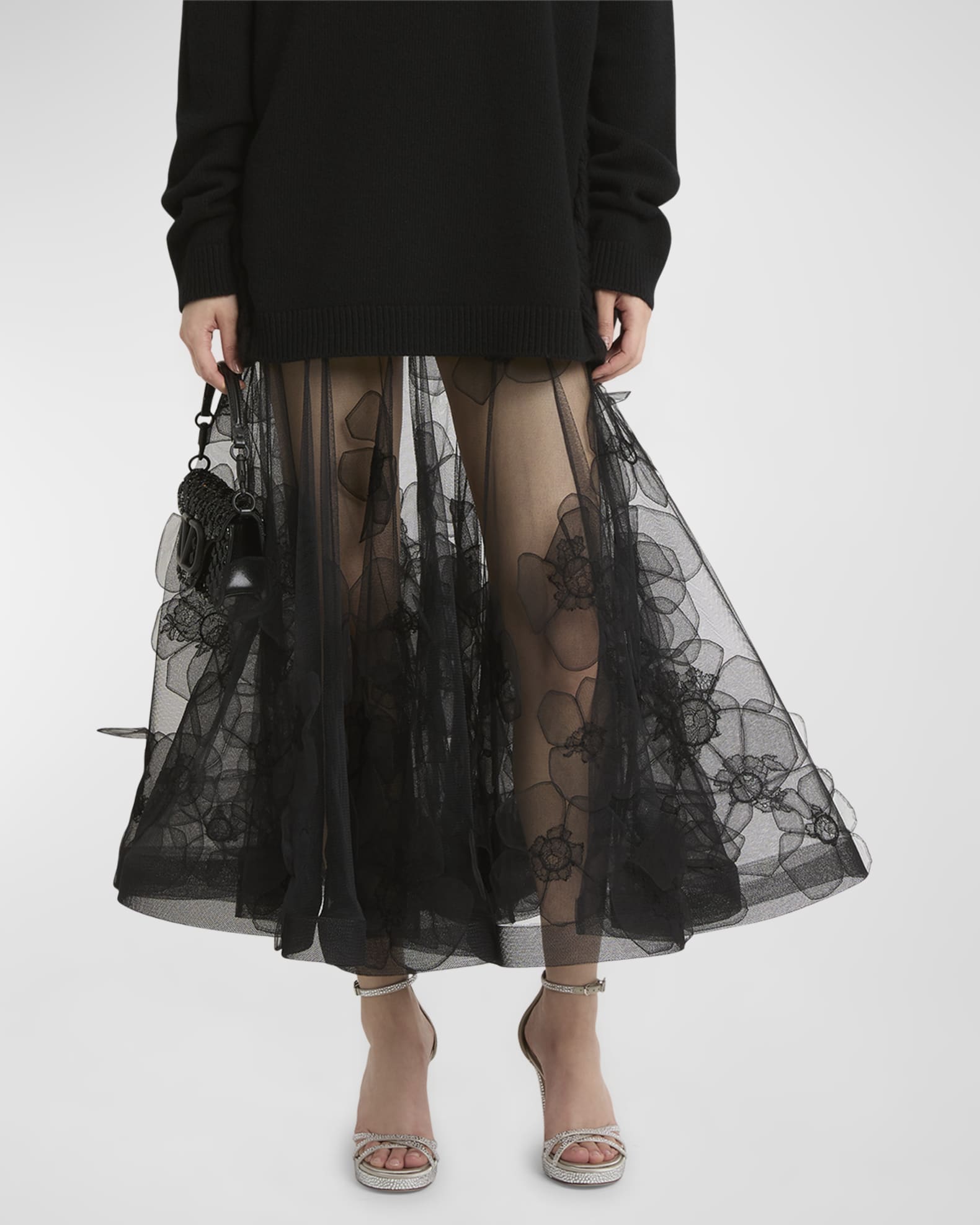 Floral Embroidered Tulle Midi Skirt 1