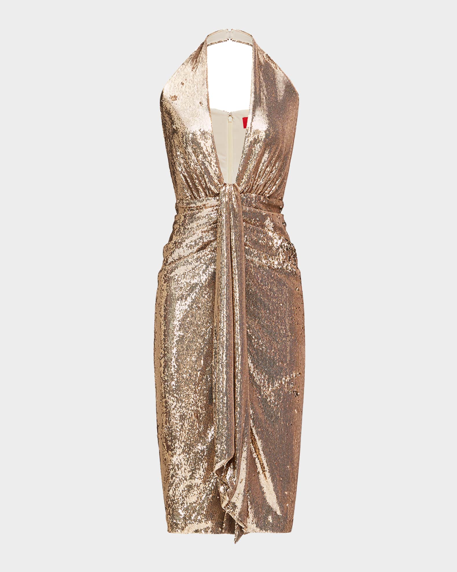 Halston SYA Sequined Halter Midi Dress Light Gold