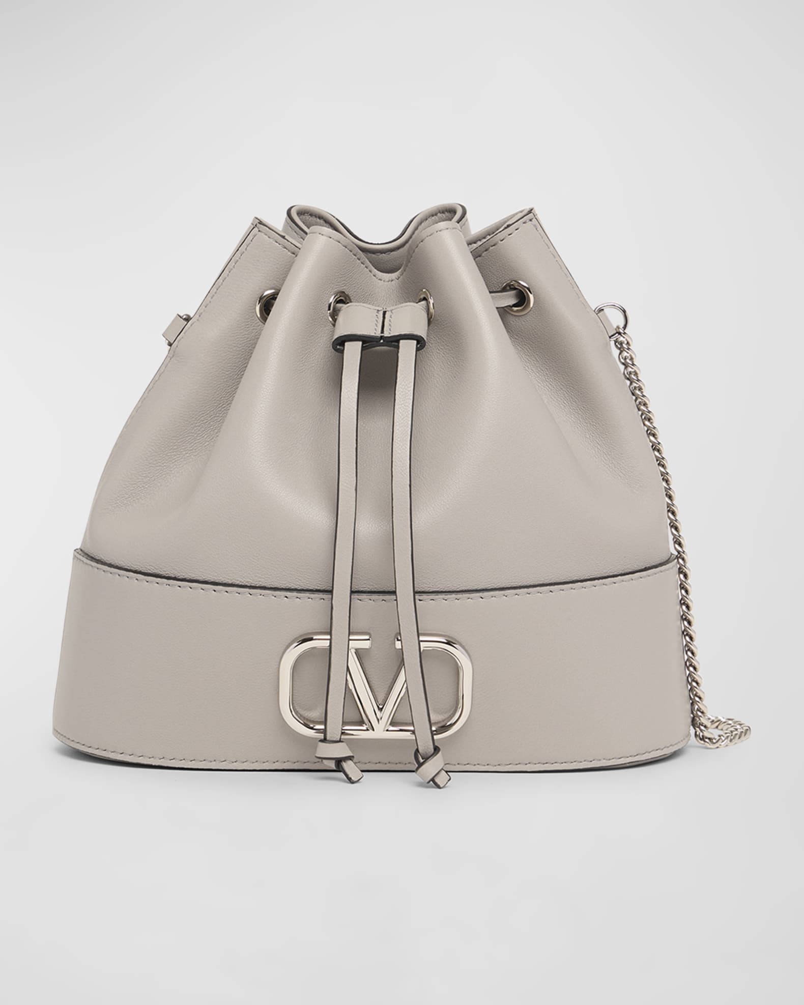 Valentino Vlogo Drawstring Leather Bucket Bag Dove Grey