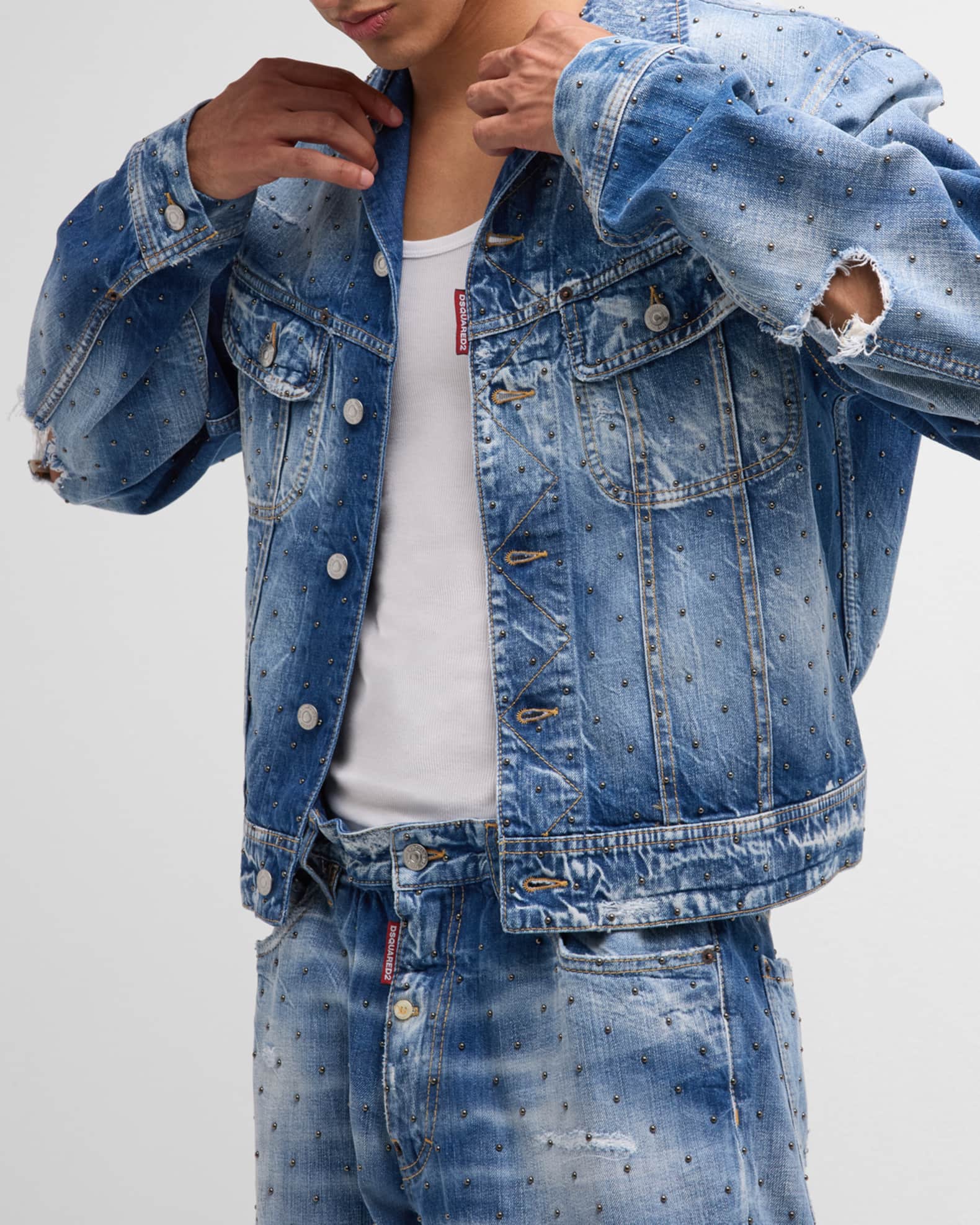 Mens distressed jean jacket on sale