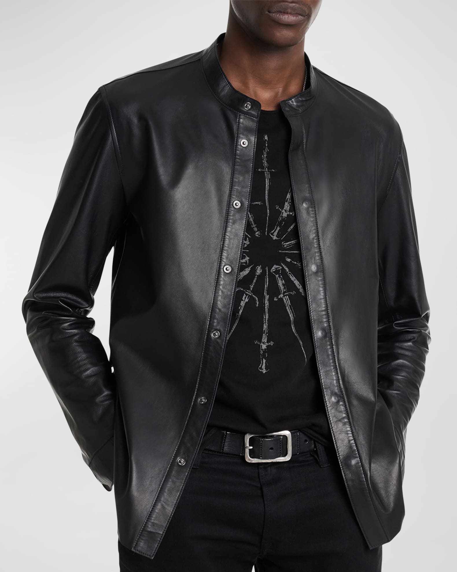 Men s Bernard Band Collar Leather Overshirt