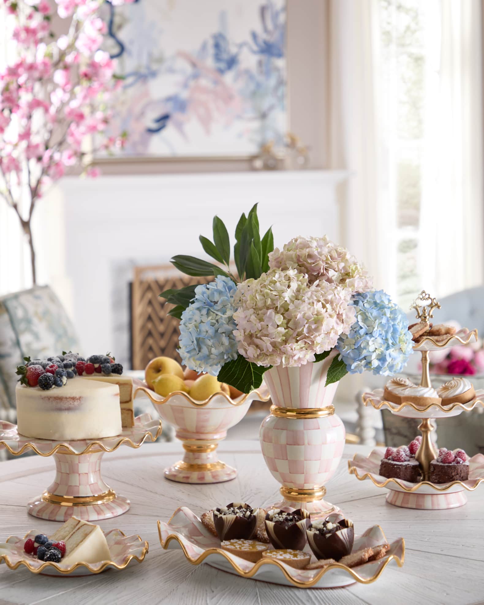 MacKenzie-Childs Rosy Check Ceramic Fluted Dessert Plate | Neiman