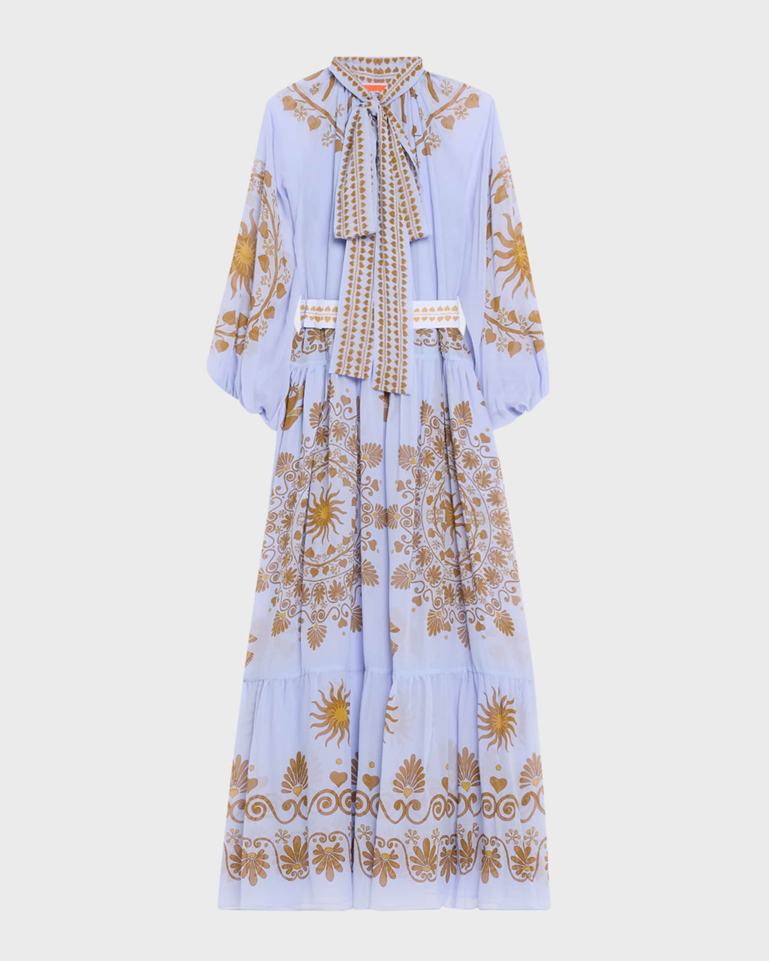 La DoubleJ Athena Placee Embroidered Maxi Dress with Tie Neck