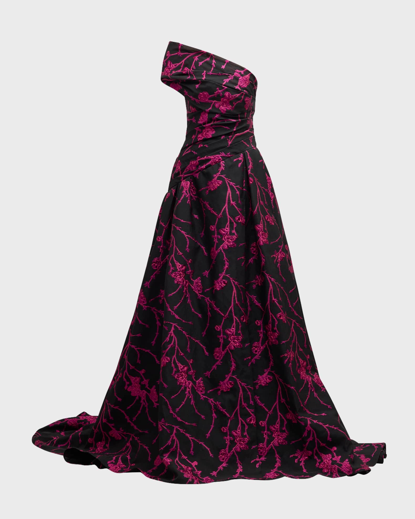 Pamella Roland Floral Fil Coupe Draped One-Shoulder Slit Gown