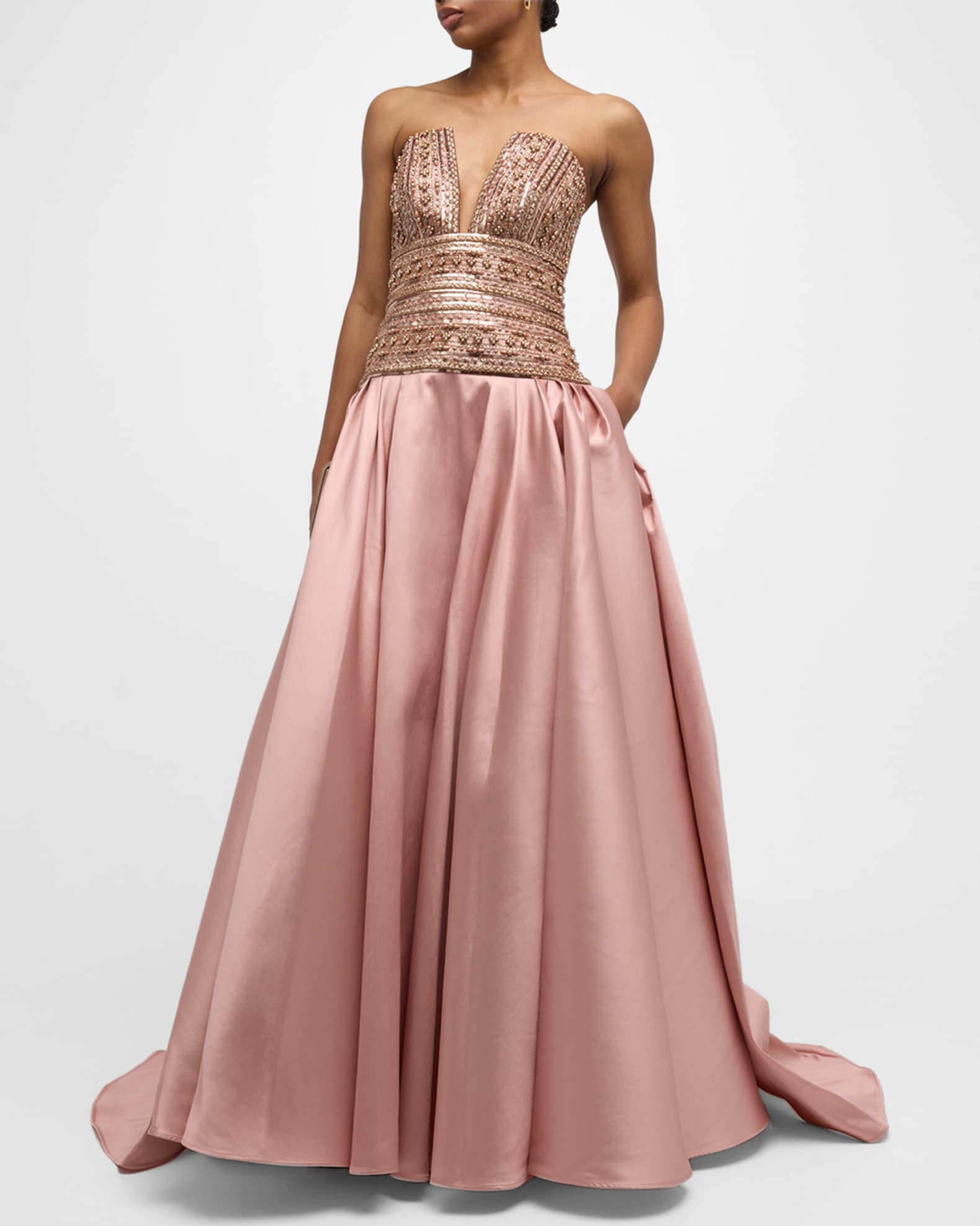 Pamella Roland Strapless Beaded Mikado Gown