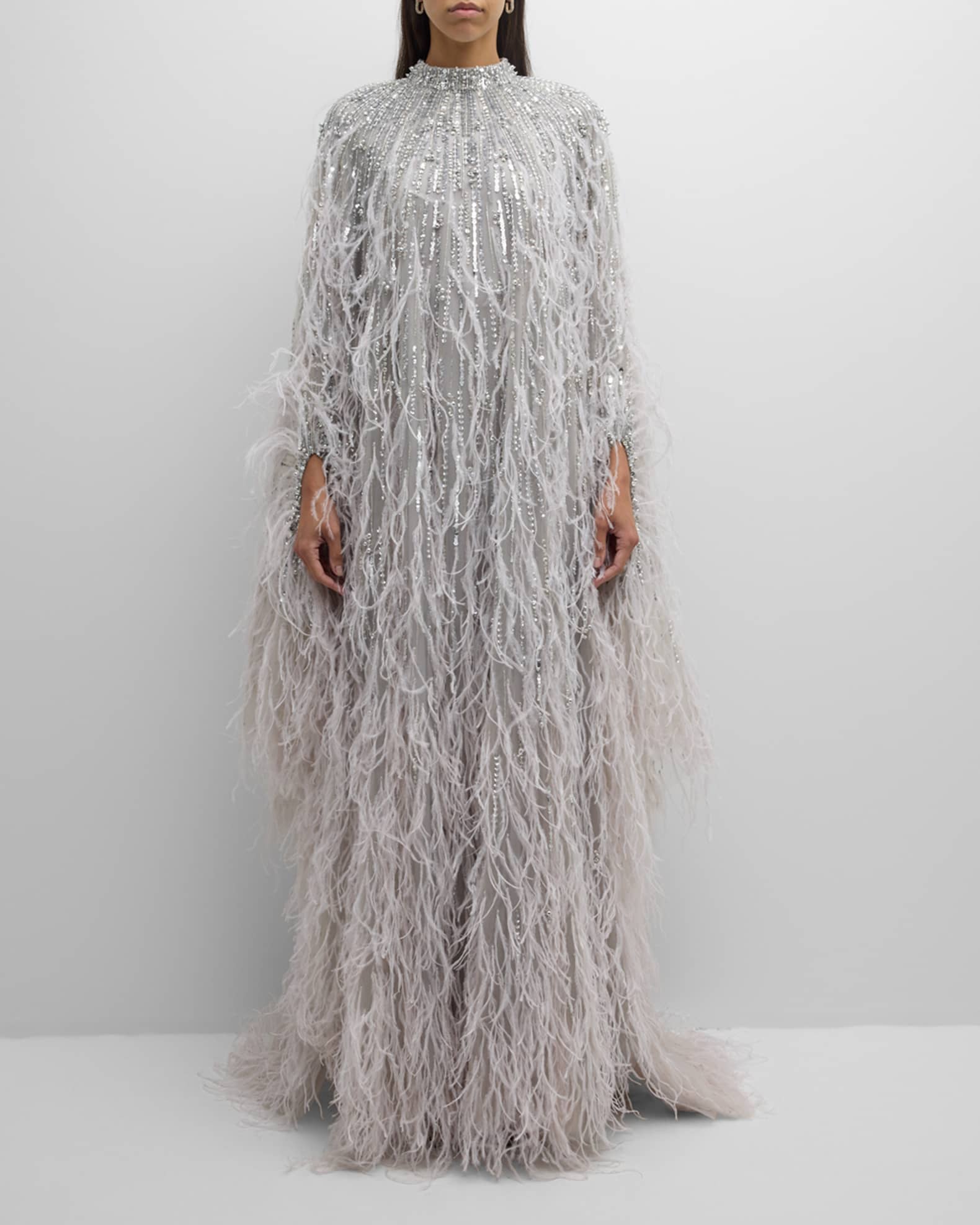 Pamella Roland Beaded Tulle Cape Caftan Gown Silver