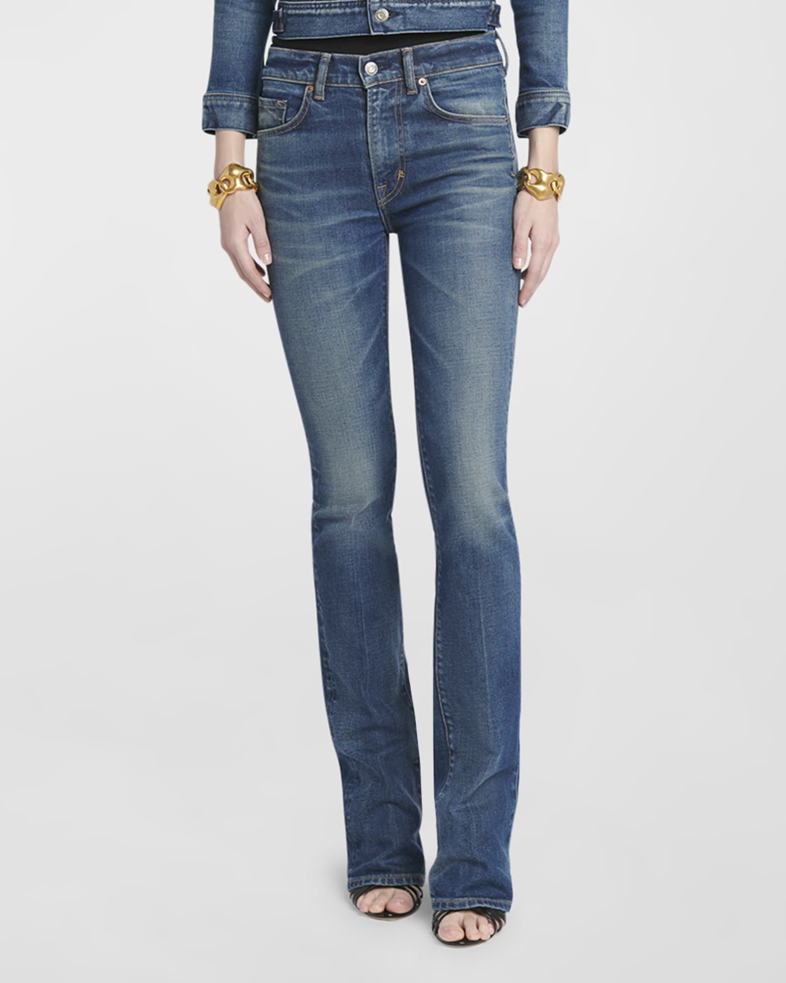 Mid-Rise Comfort Stone Washed Denim Flare Pants 1