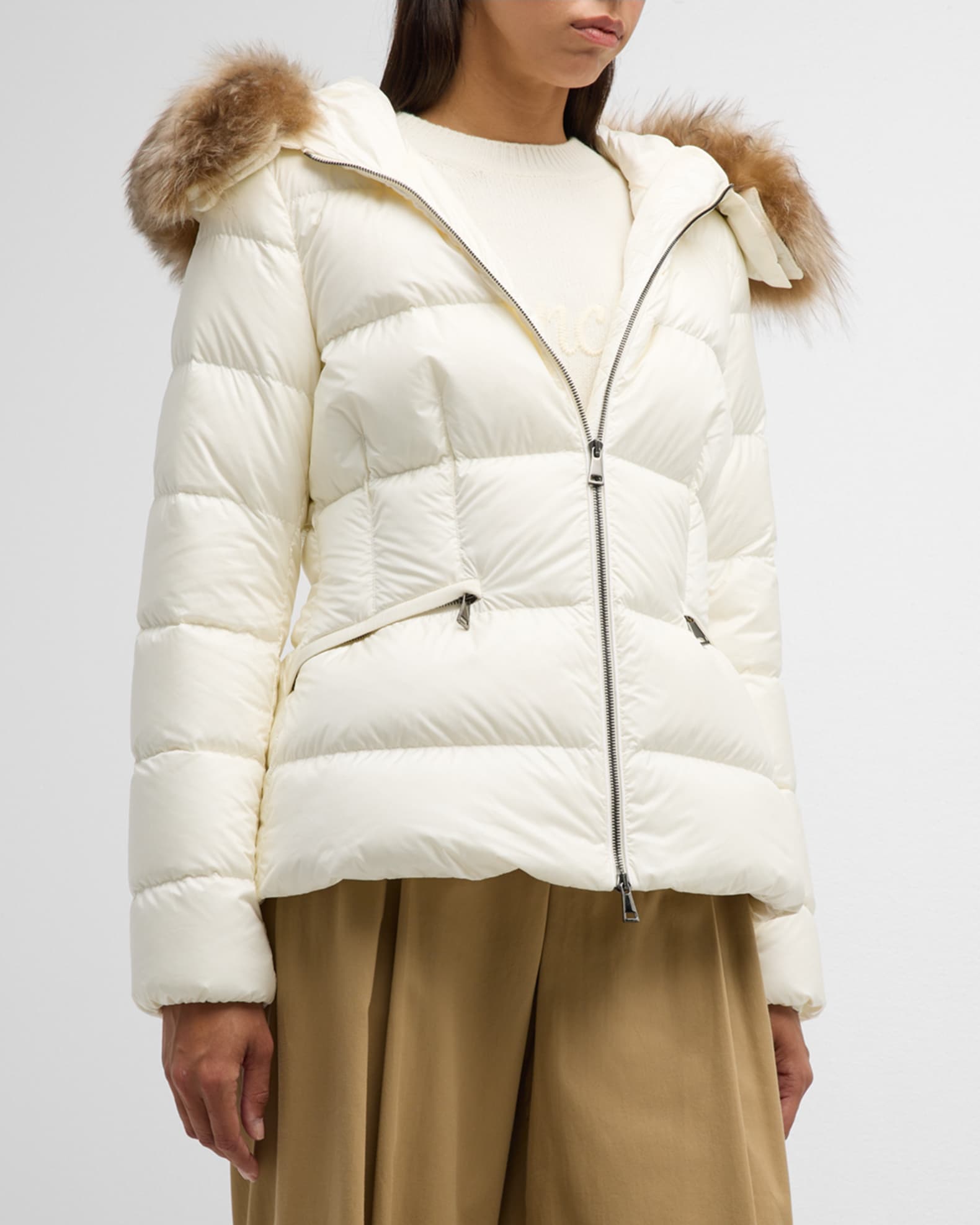 Moncler Boed Short Puffer Jacket with Shearling Hood Trim Neiman Marcus