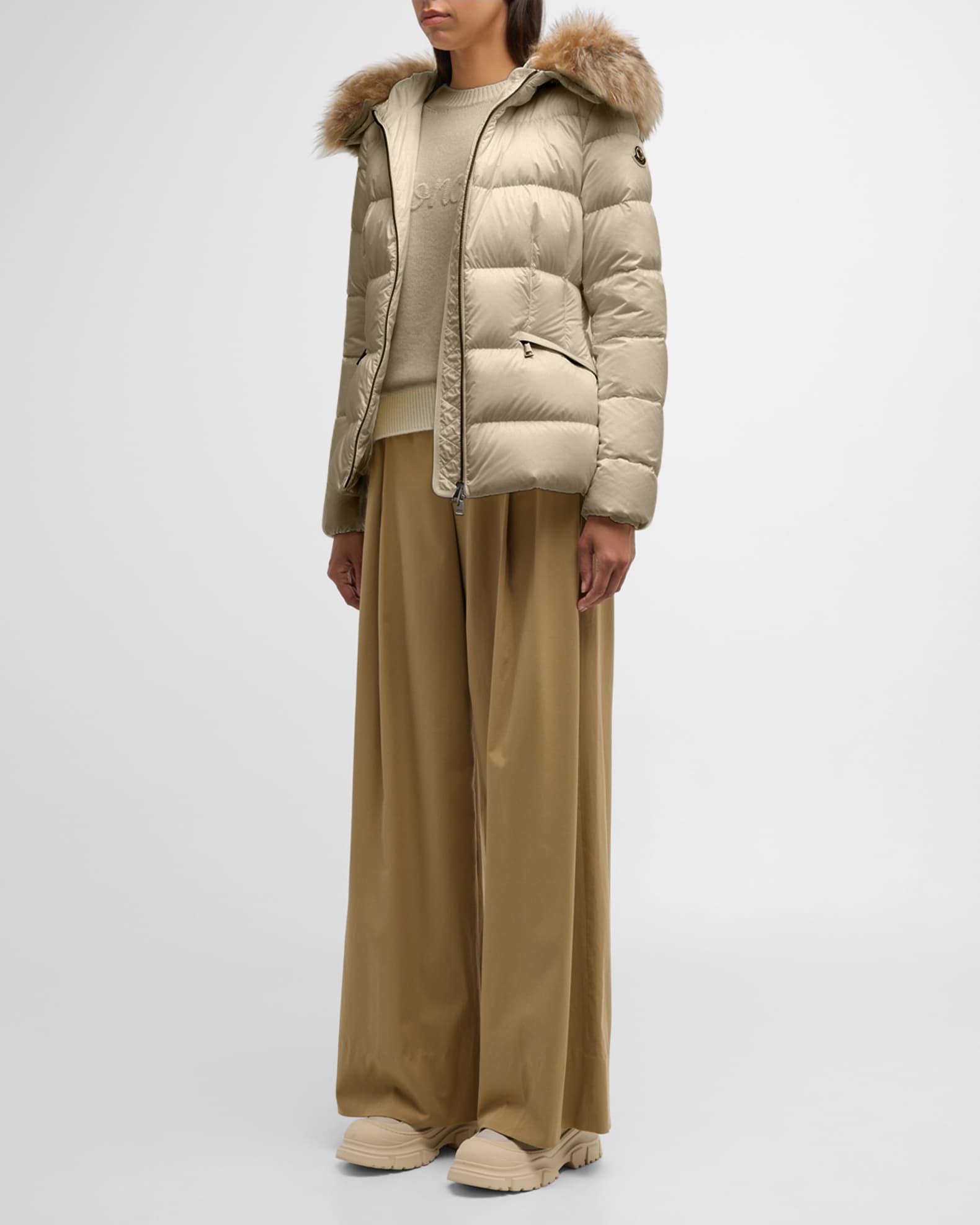 Boed Short Puffer Jacket with Shearling Hood Trim 1