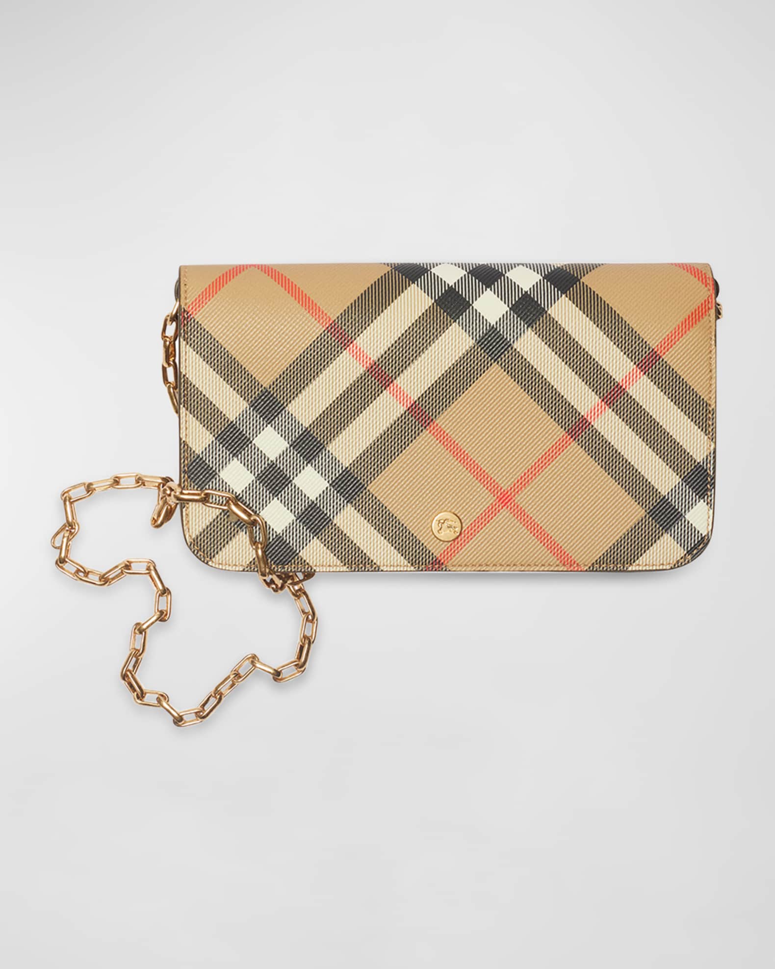Burberry Check Flap Canvas Wallet on Chain Neiman Marcus