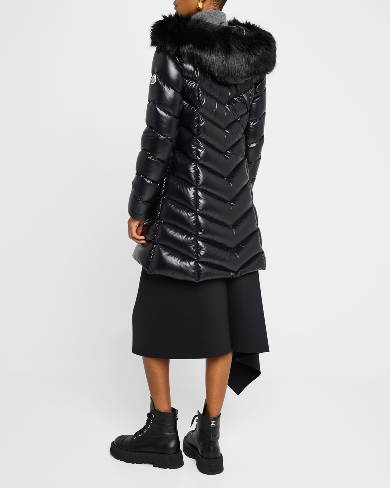 Moncler Fulmarus Chevron-Quilted Long Puffer Coat with Faux Moncler Fulmarus Chevron-Quilted Long Puffer Coat with Faux