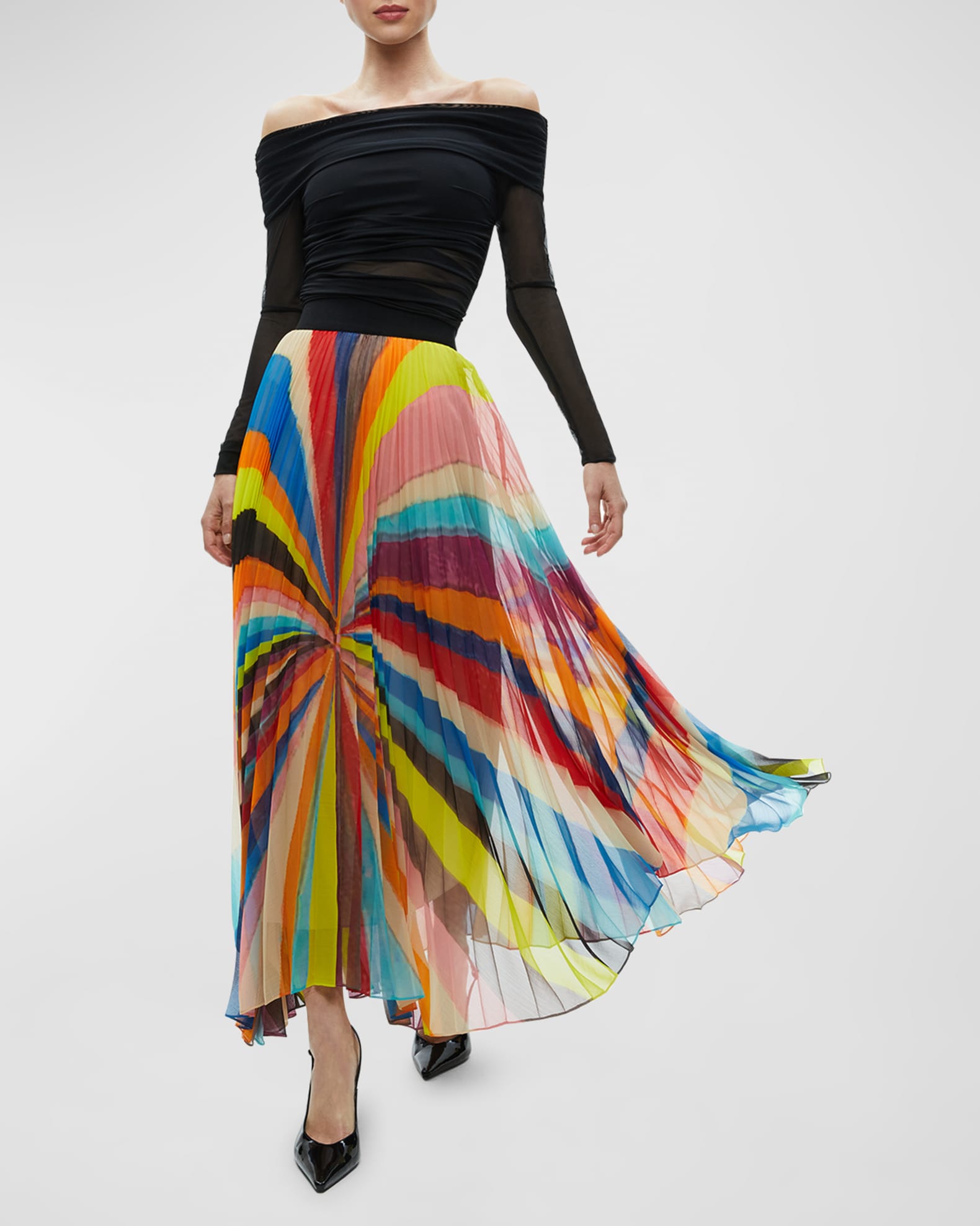 Alice + Olivia Pomelo Stripe Katz Pleated Maxi Skirt | Neiman Marcus
