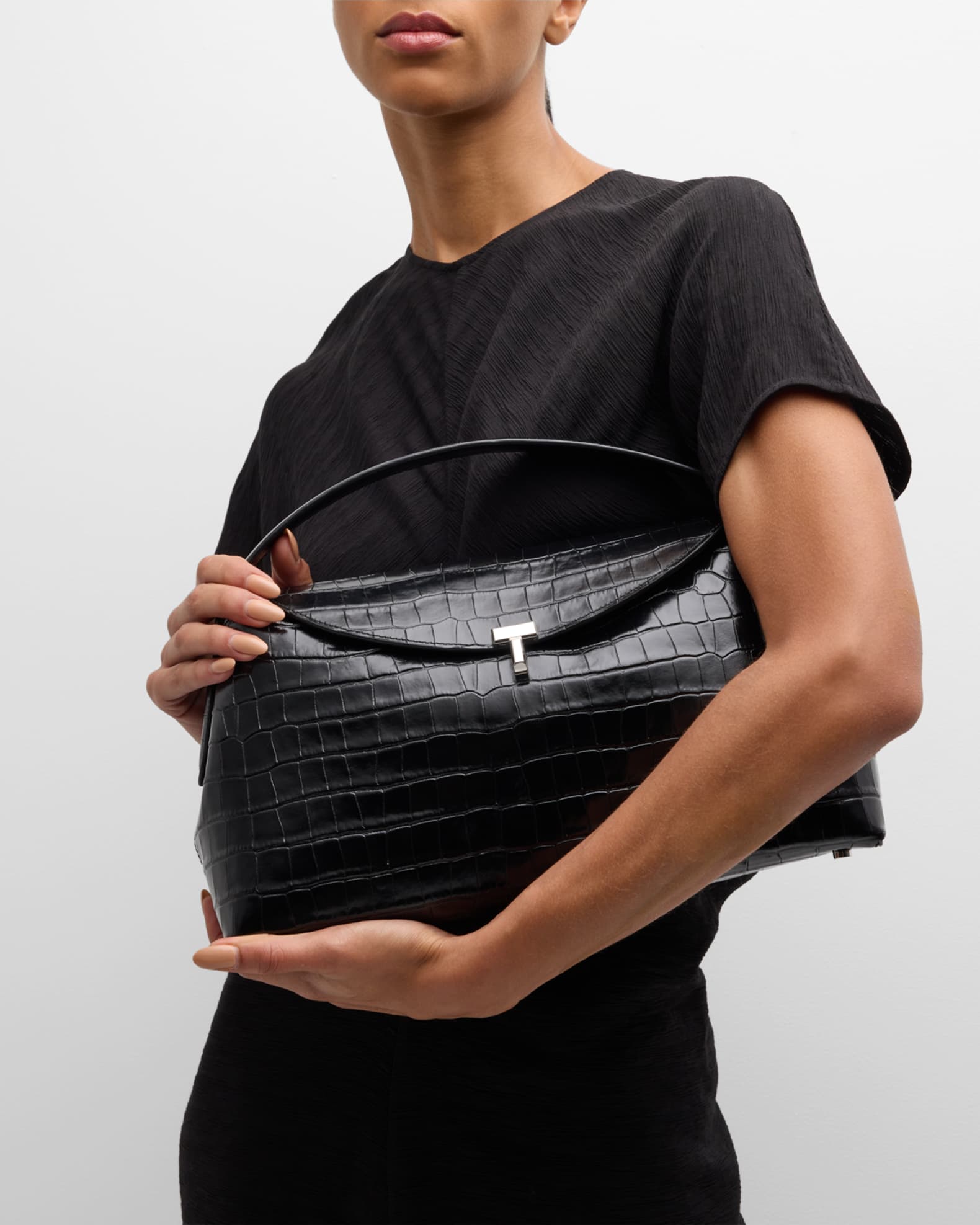 Toteme T-Lock Croc-Embossed Top-Handle Bag | Neiman Marcus