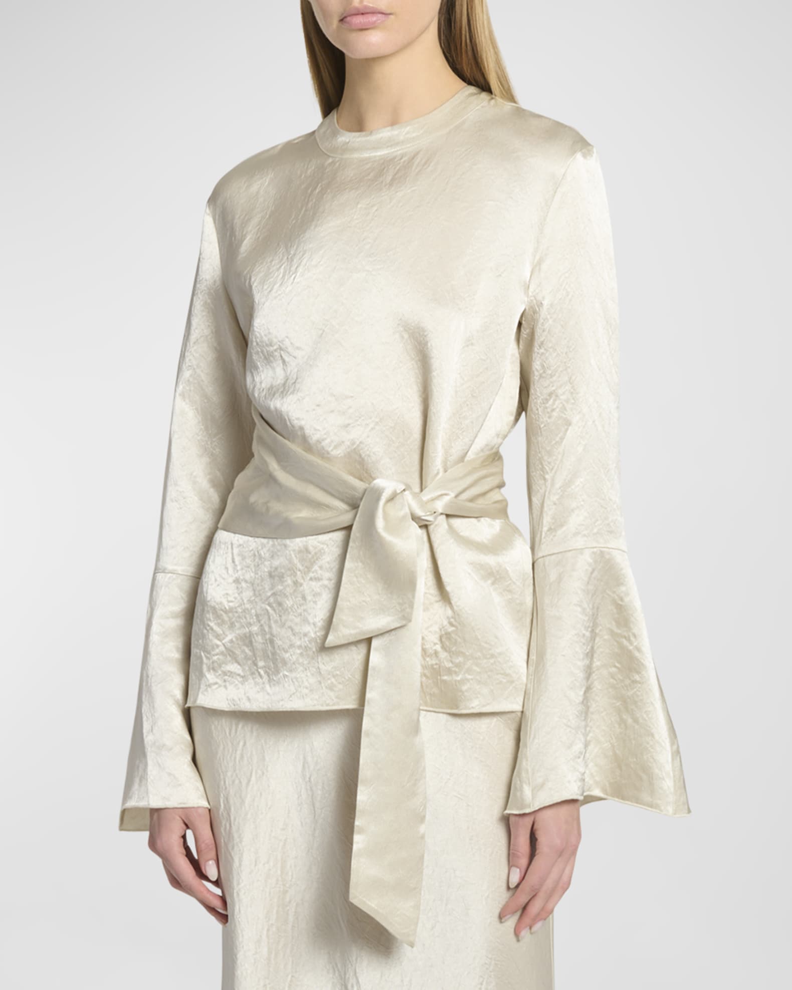 Ilone Belted Long-Sleeve Satin Top 1