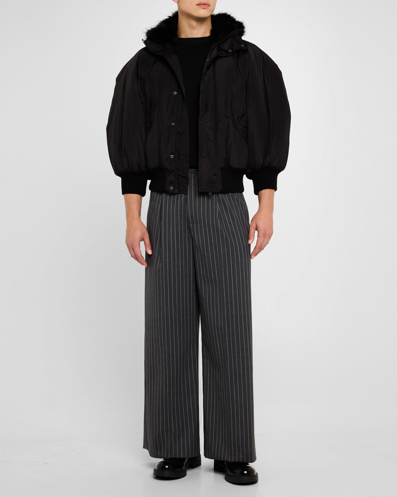 Men's Puff-Sleeve Bomber Jacket with Faux Fur 1