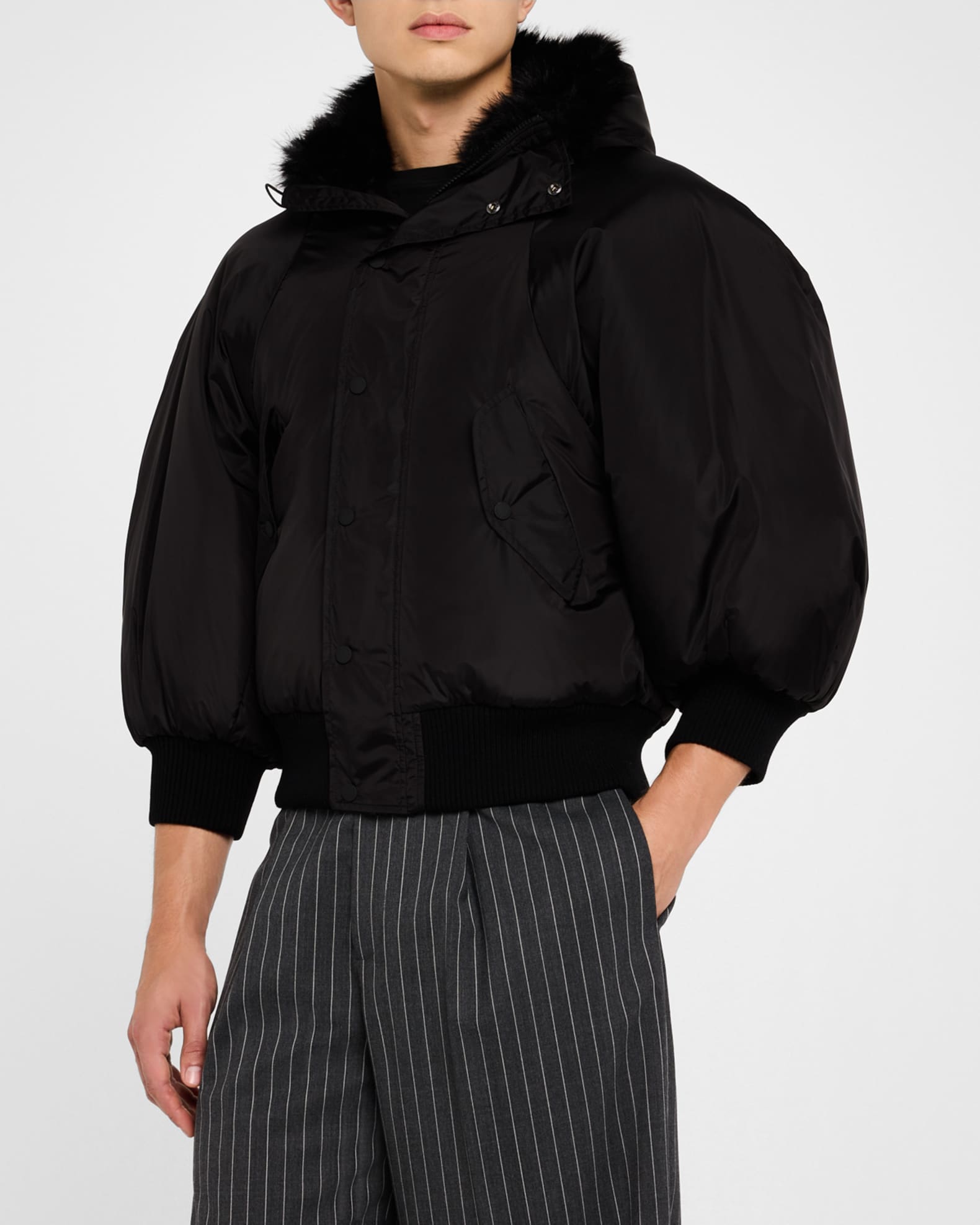 Simone Rocha Men's Puff-Sleeve Bomber Jacket with Faux Fur
