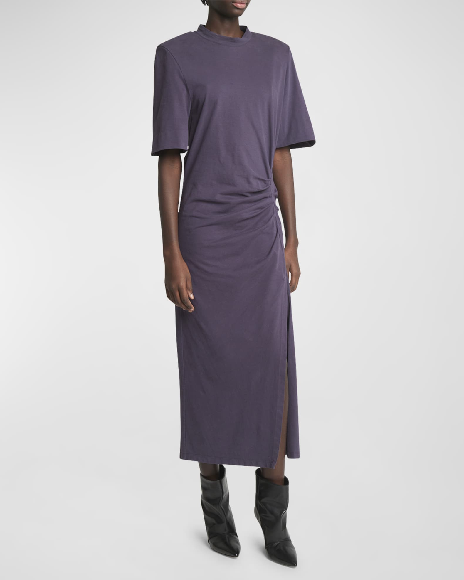 Lexia Strong Shoulder Ruched Midi T Shirt Dress
