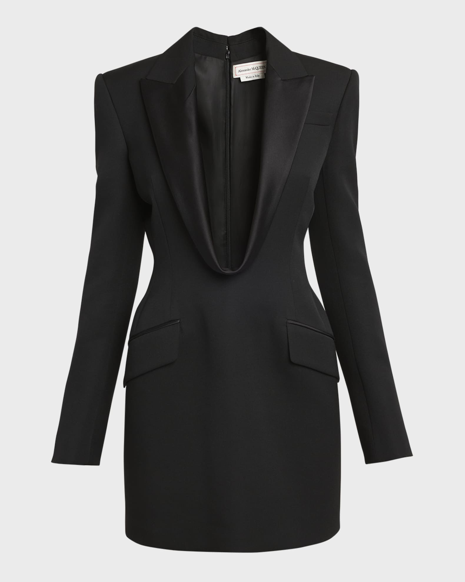 Plunging Strong-Shoulder Mini Evening Tuxedo Dress 0