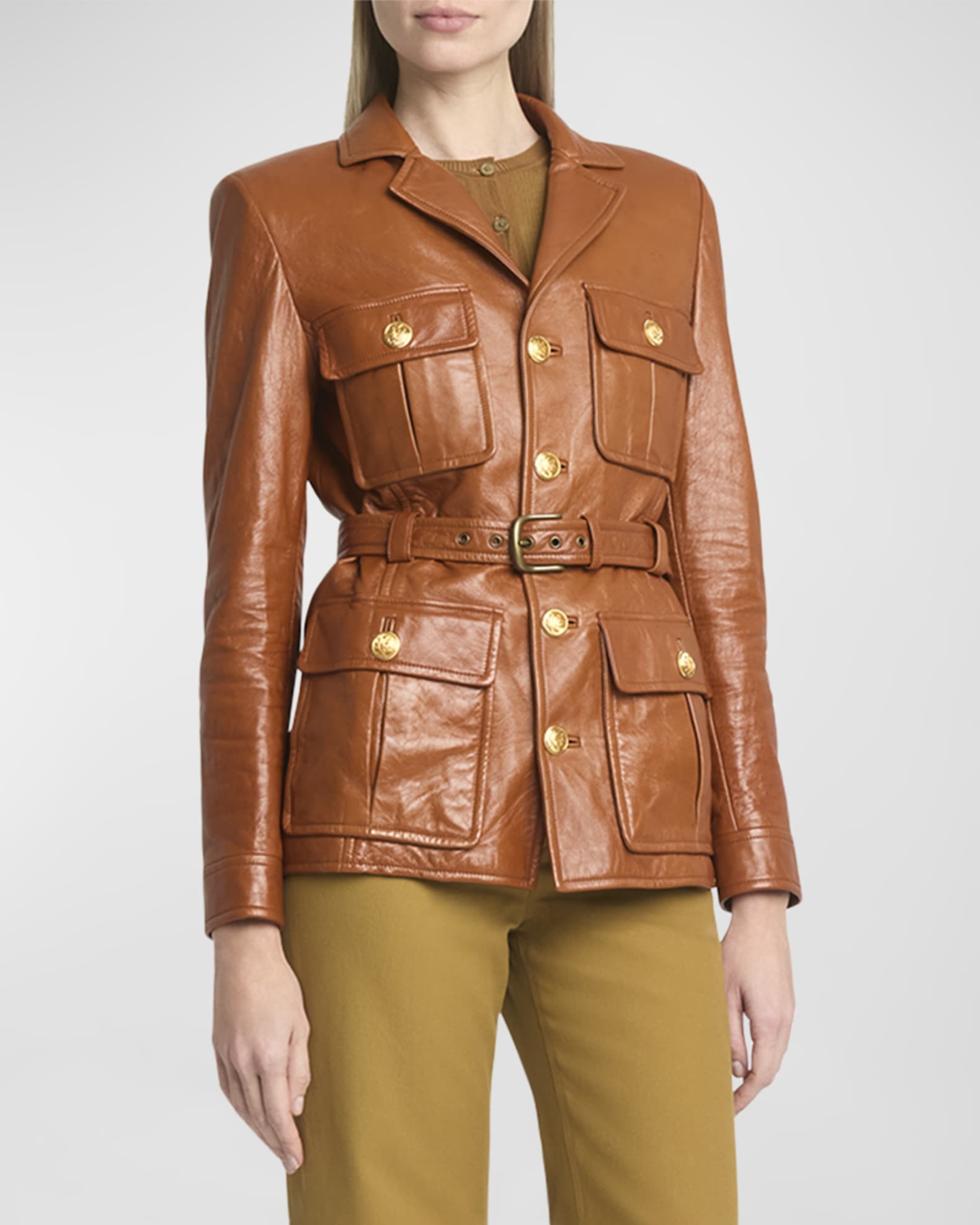 Glossy Leather Belted Military Jacket